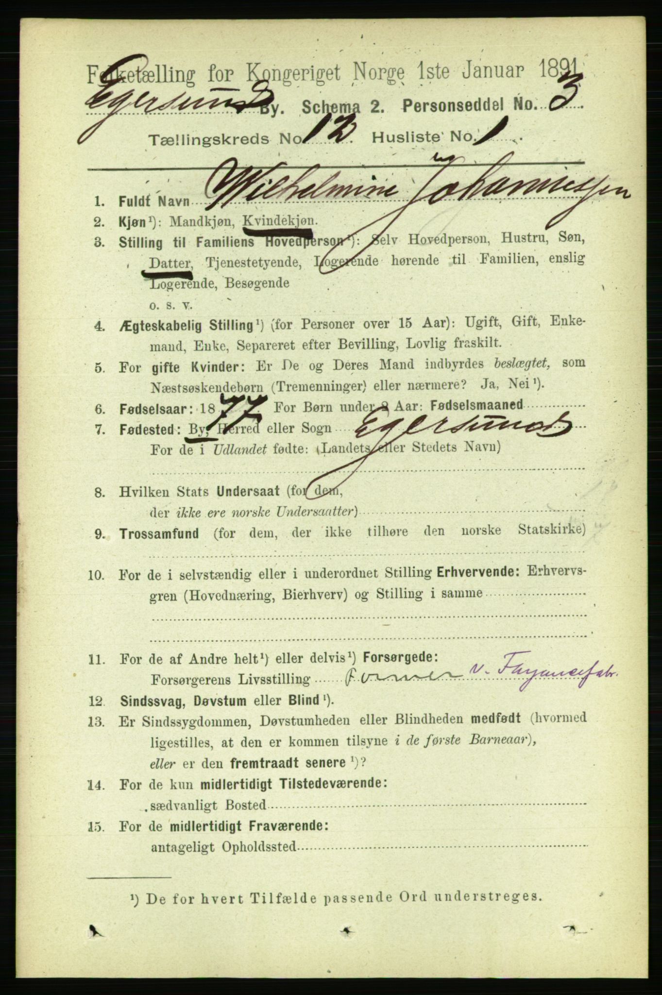 RA, 1891 census for 1101 Egersund, 1891, p. 2167