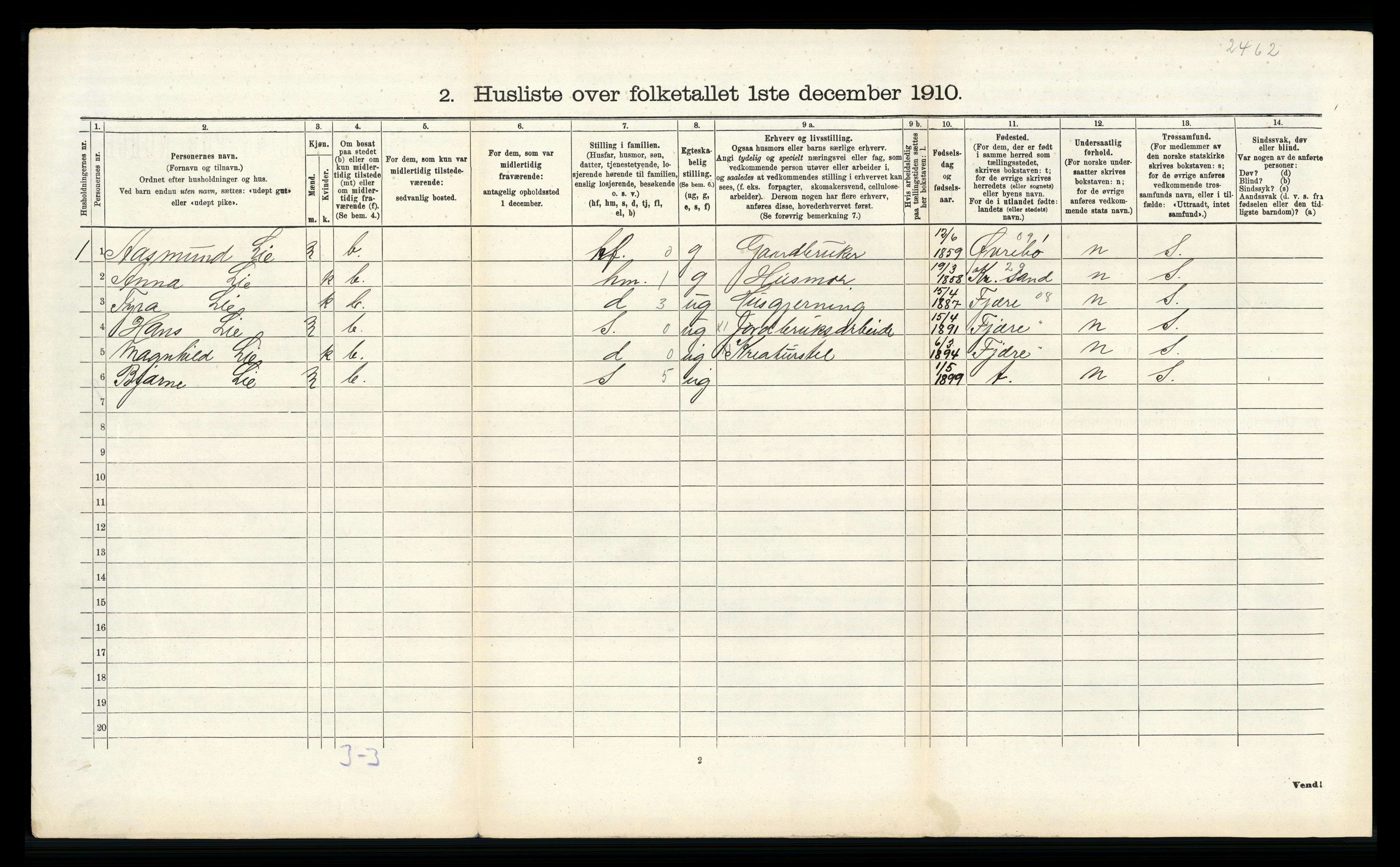 RA, 1910 census for Oddernes, 1910, p. 958