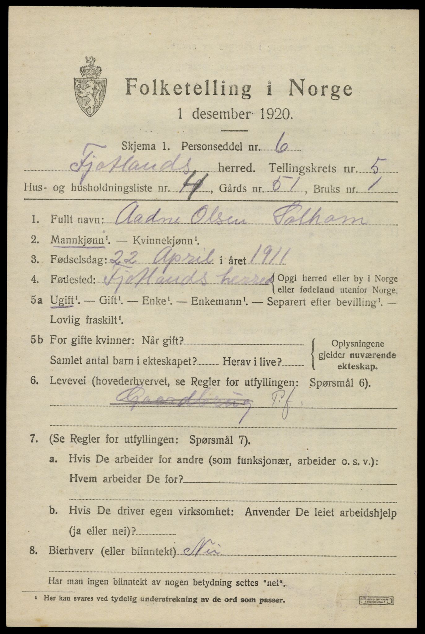 SAK, 1920 census for Fjotland, 1920, p. 1568