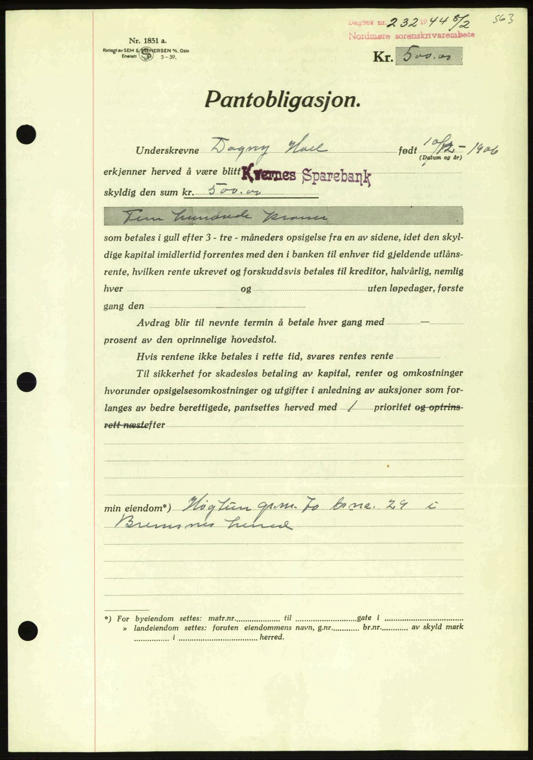 Nordmøre sorenskriveri, AV/SAT-A-4132/1/2/2Ca: Mortgage book no. B91, 1943-1944, Diary no: : 232/1944