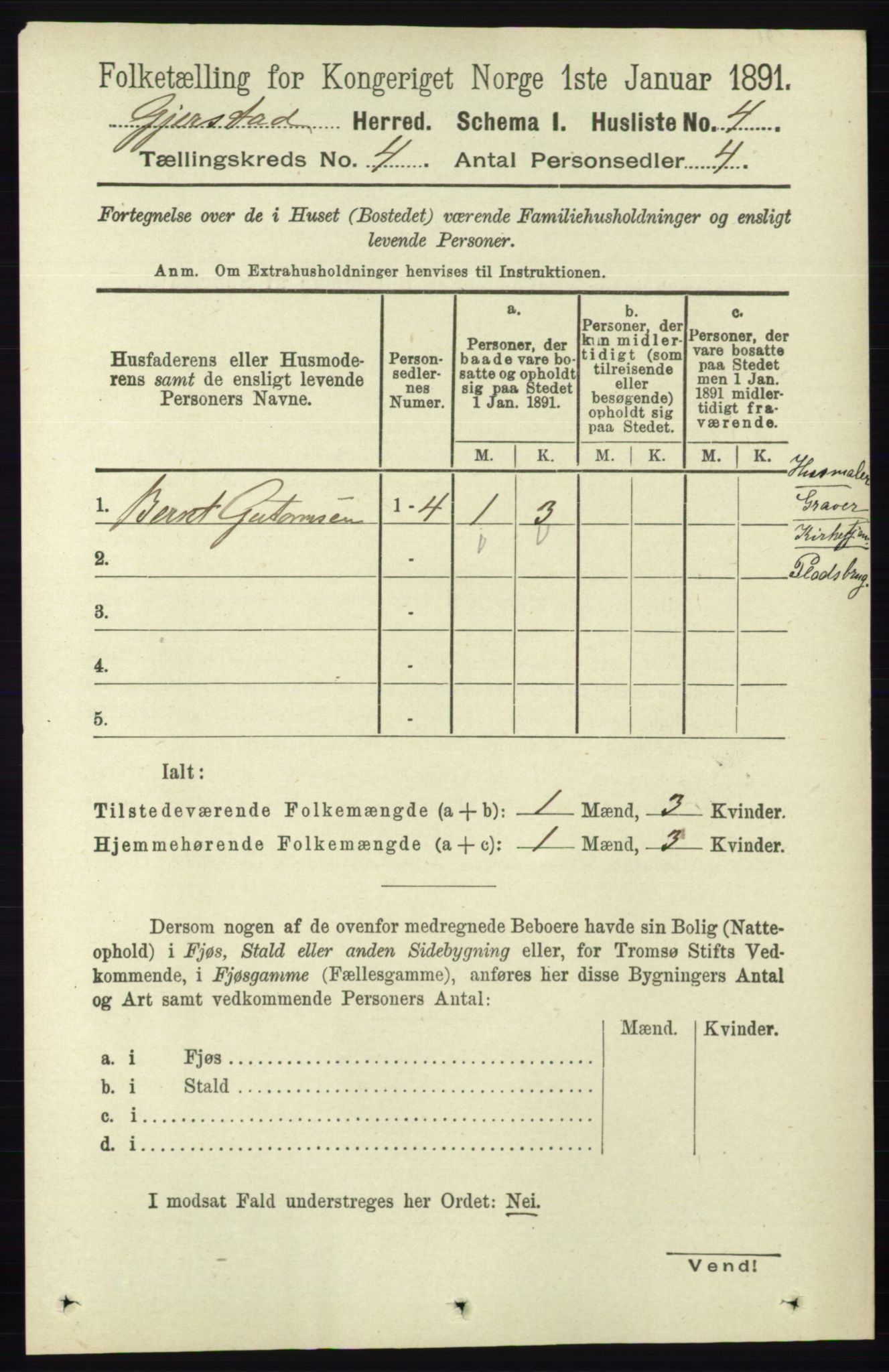 RA, 1891 census for 0911 Gjerstad, 1891, p. 1441