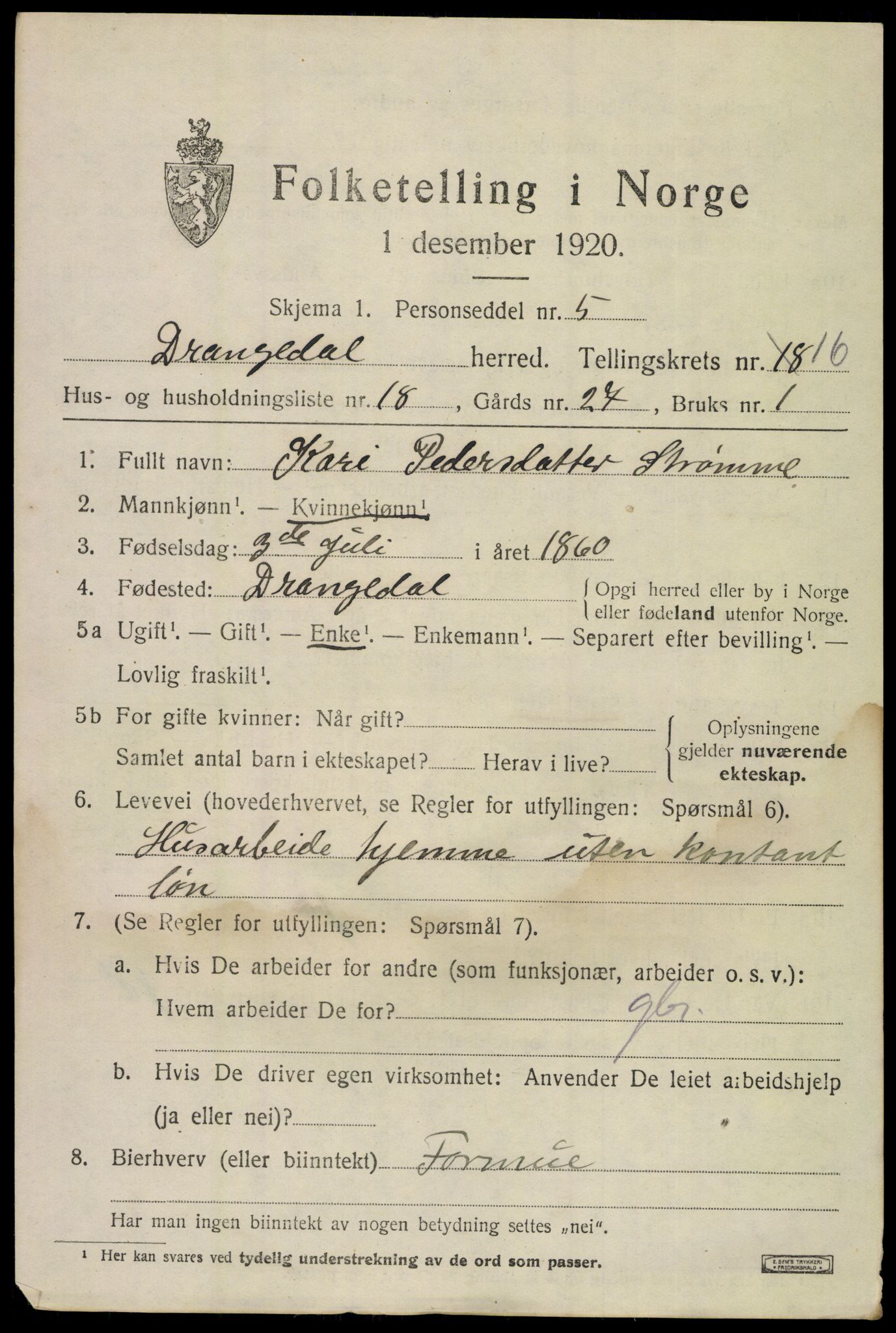 SAKO, 1920 census for Drangedal, 1920, p. 7963