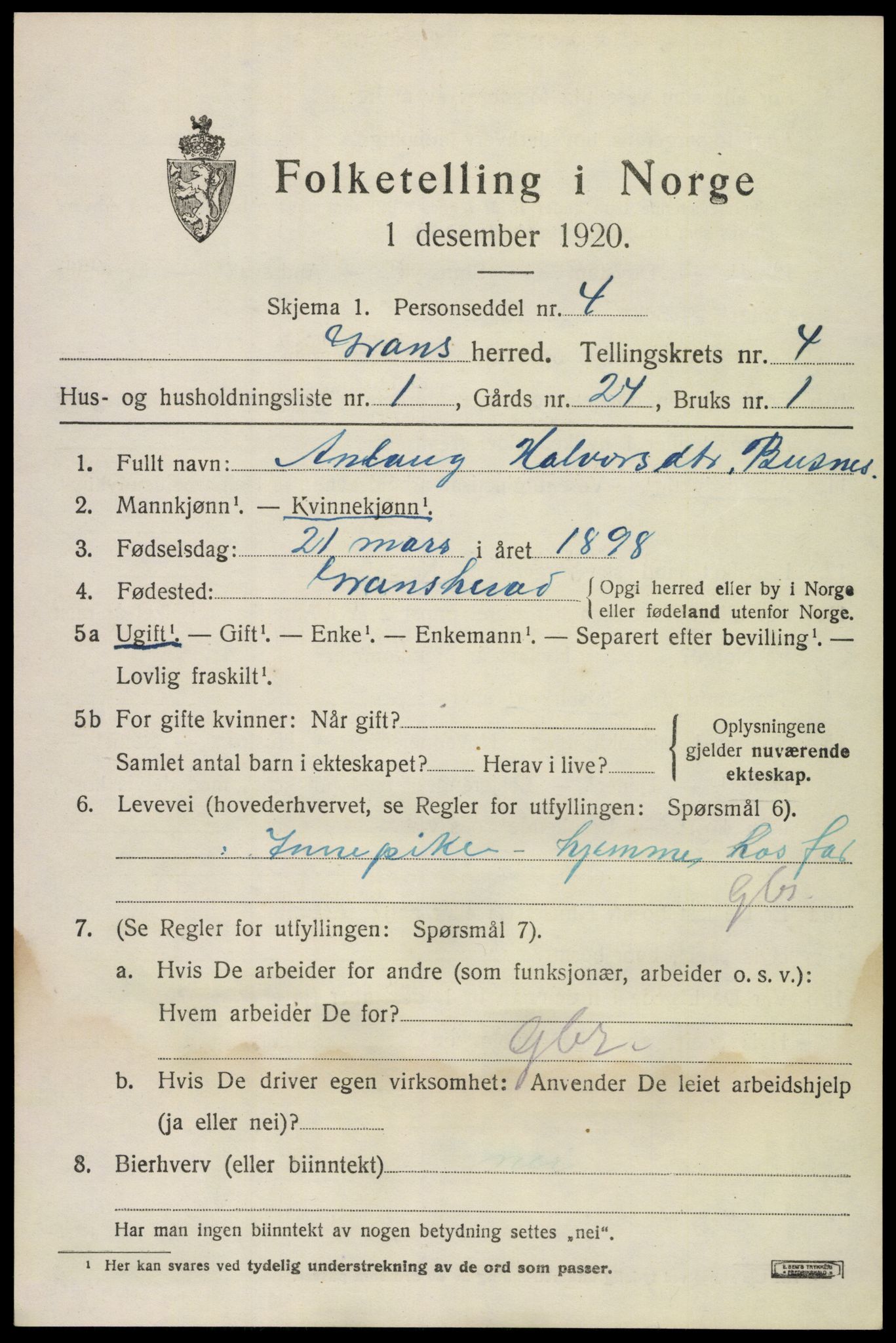 SAKO, 1920 census for Gransherad, 1920, p. 1778