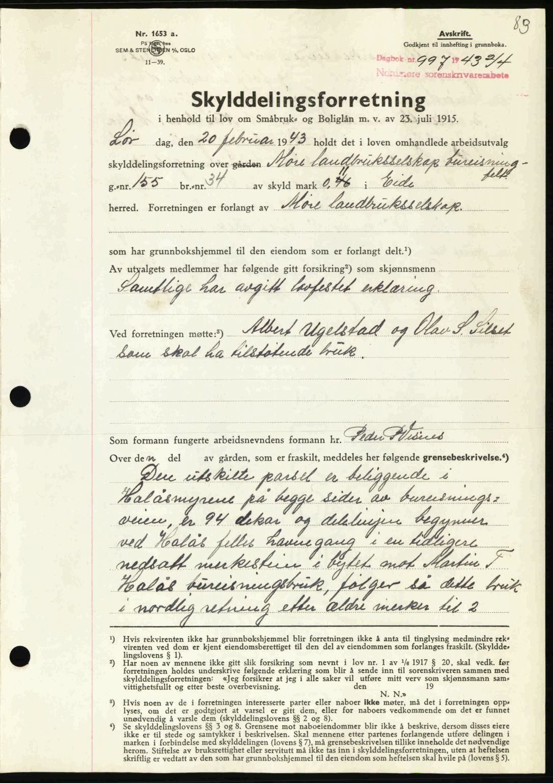 Nordmøre sorenskriveri, AV/SAT-A-4132/1/2/2Ca: Mortgage book no. A95, 1943-1943, Diary no: : 997/1943