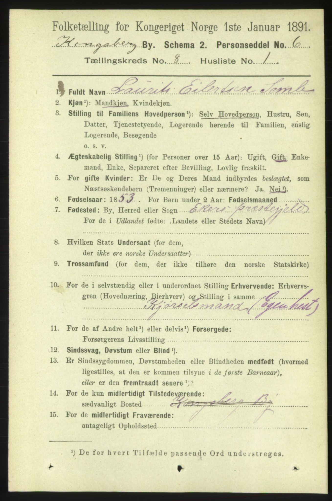 RA, 1891 census for 0604 Kongsberg, 1891, p. 5497