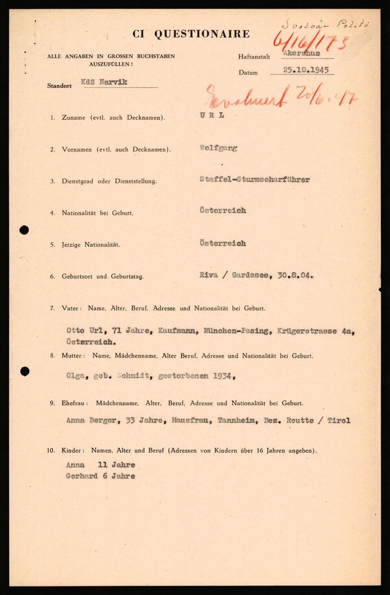 Forsvaret, Forsvarets overkommando II, AV/RA-RAFA-3915/D/Db/L0040: CI Questionaires. Tyske okkupasjonsstyrker i Norge. Østerrikere., 1945-1946, p. 323