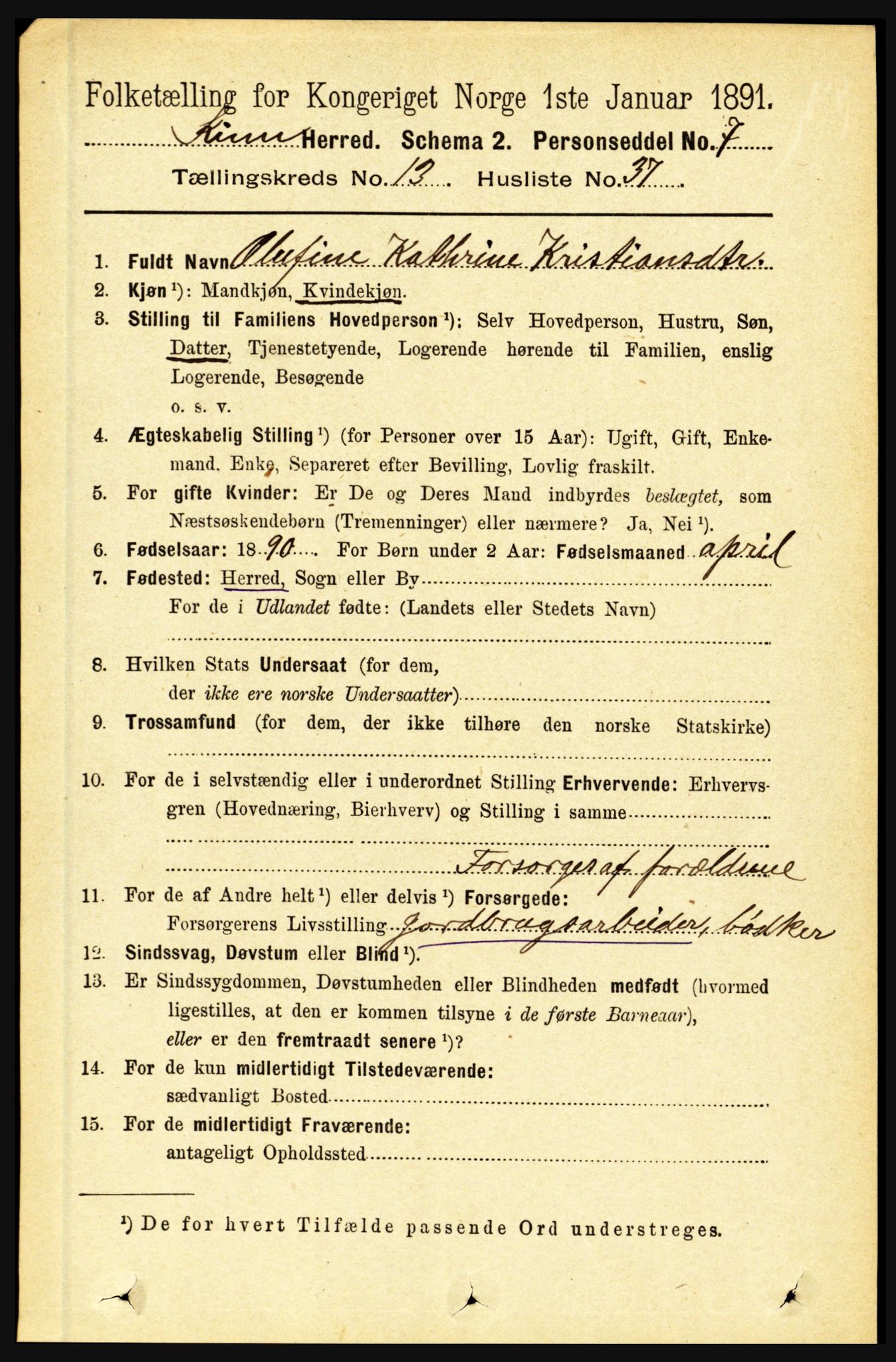 RA, 1891 census for 1437 Kinn, 1891, p. 5314