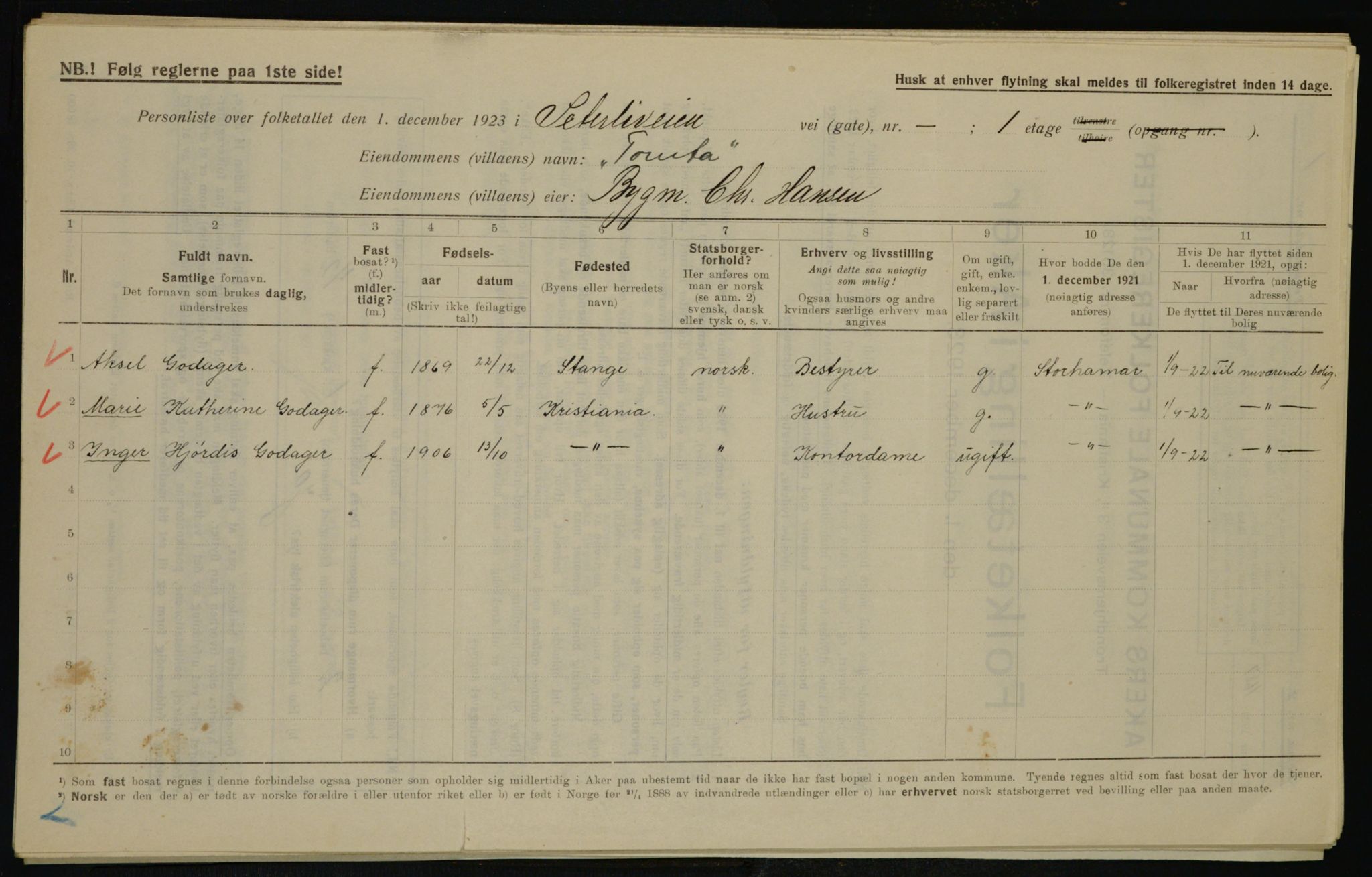 , Municipal Census 1923 for Aker, 1923, p. 46240