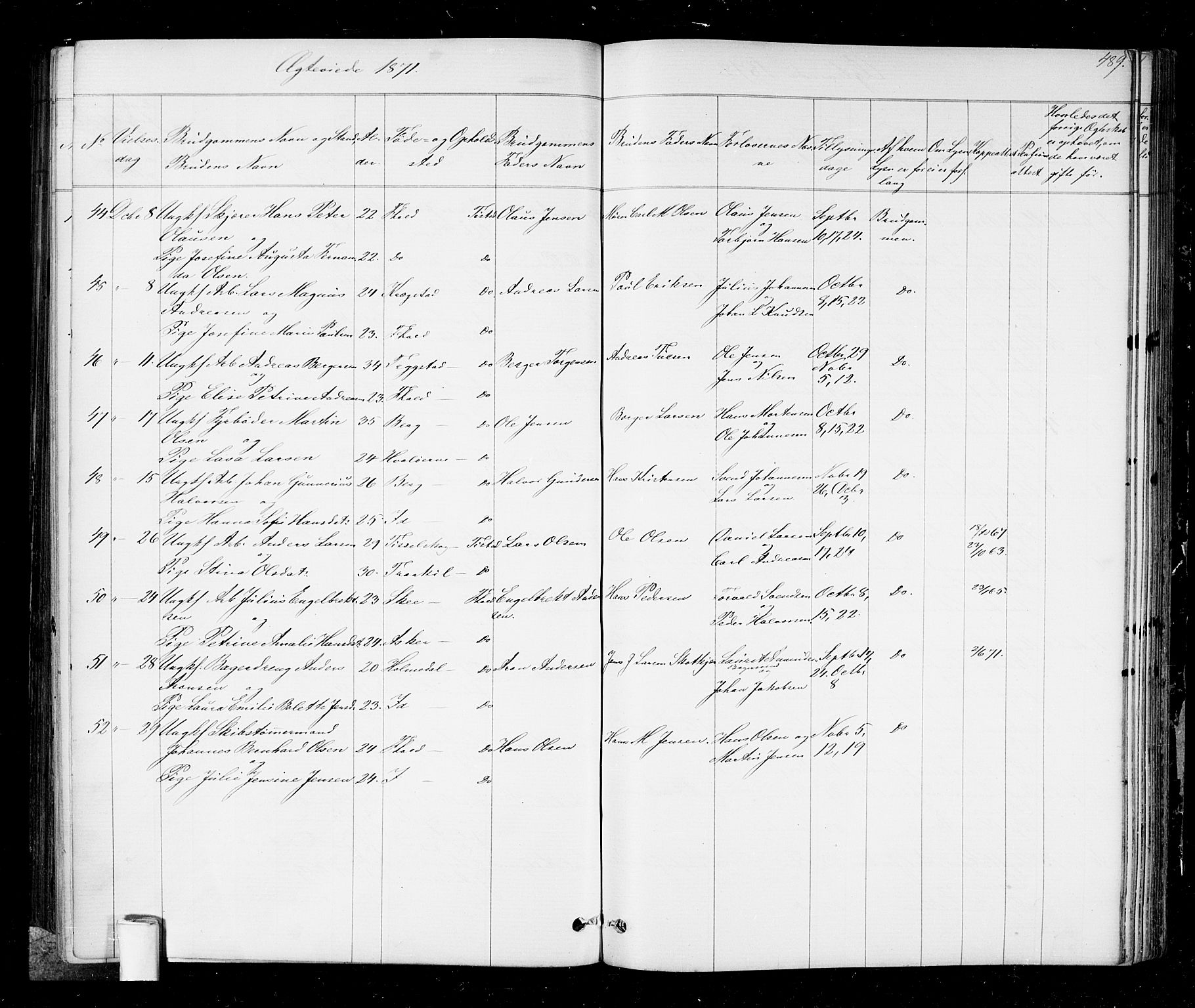 Halden prestekontor Kirkebøker, AV/SAO-A-10909/G/Ga/L0006: Parish register (copy) no. 6, 1869-1884, p. 489