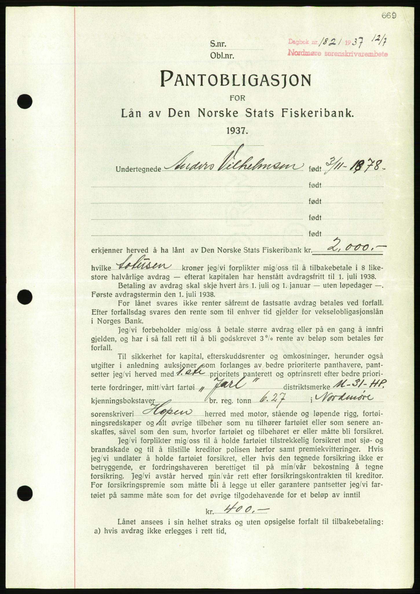 Nordmøre sorenskriveri, AV/SAT-A-4132/1/2/2Ca/L0091: Mortgage book no. B81, 1937-1937, Diary no: : 1821/1937