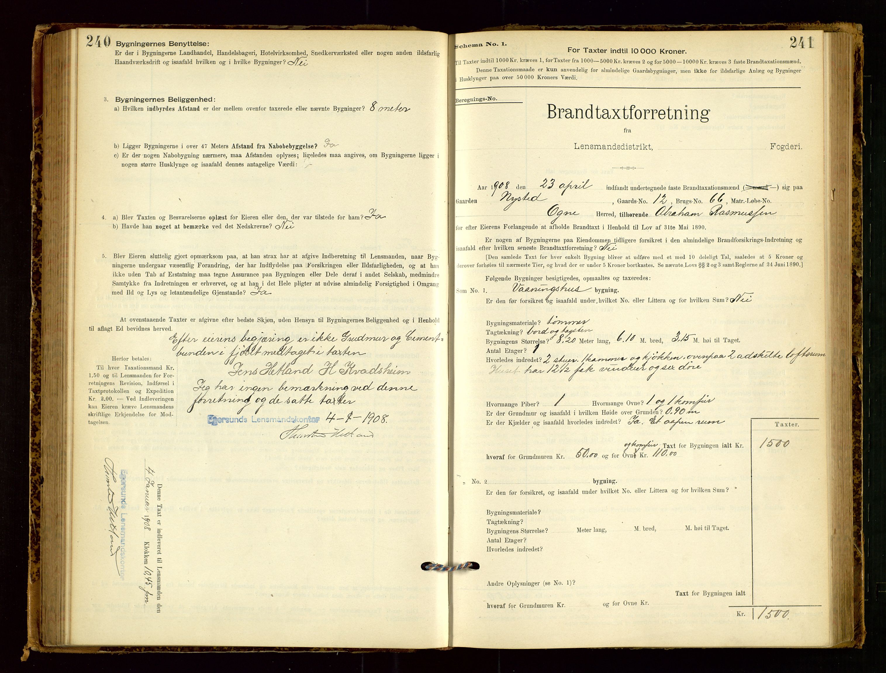 Eigersund lensmannskontor, SAST/A-100171/Gob/L0001: Skjemaprotokoll, 1894-1909, p. 240-241
