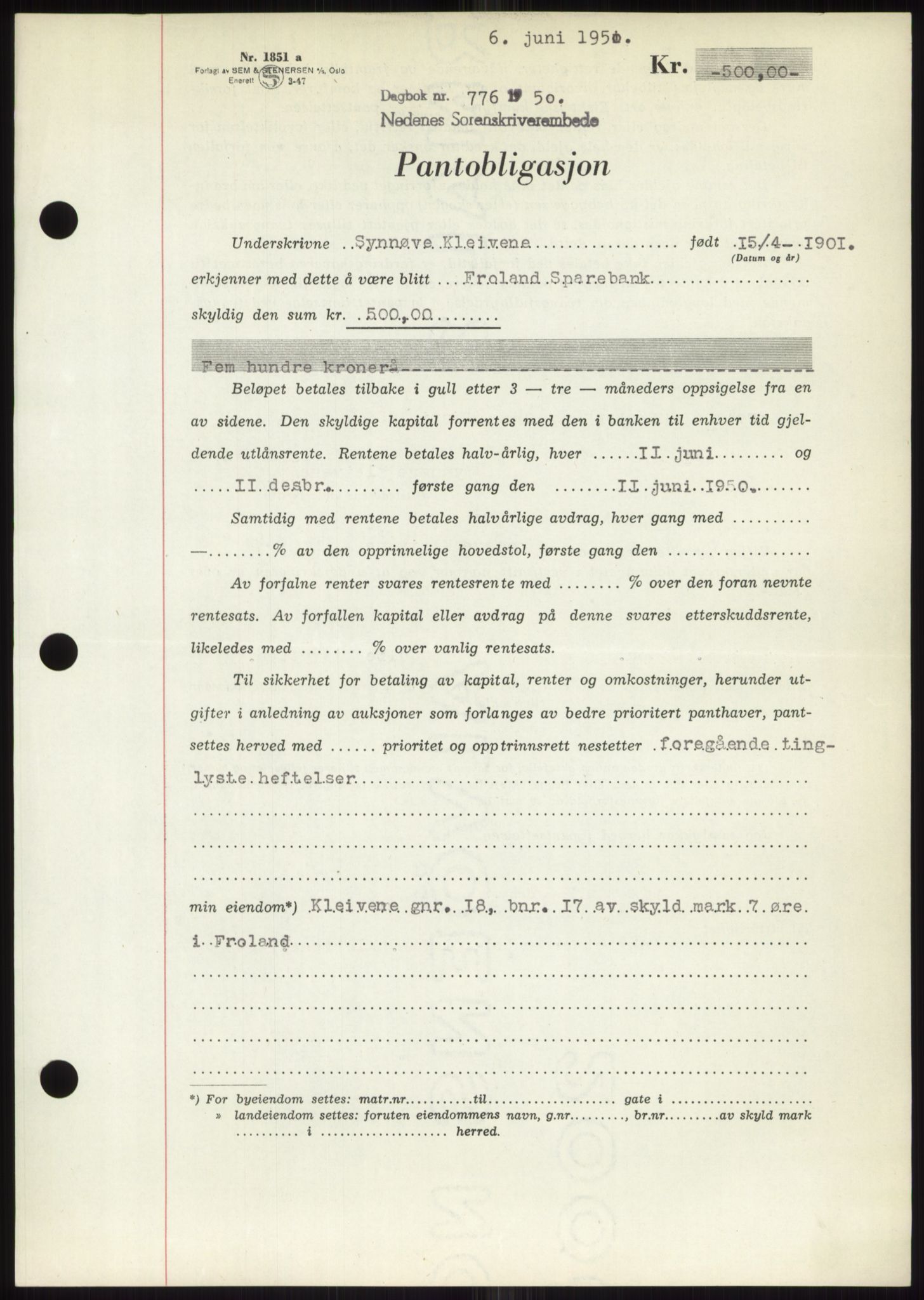 Nedenes sorenskriveri, AV/SAK-1221-0006/G/Gb/Gbb/L0007: Mortgage book no. B7, 1949-1950, Diary no: : 776/1950