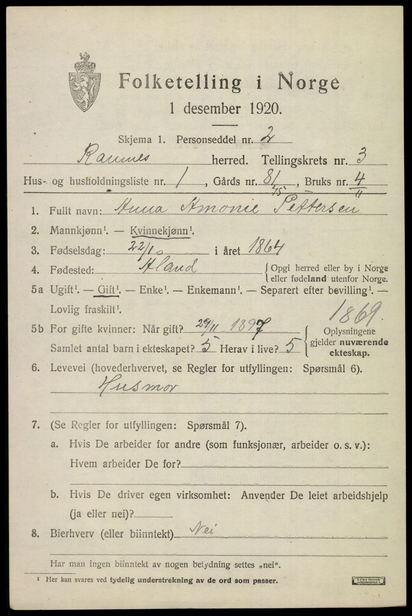 SAKO, 1920 census for Ramnes, 1920, p. 3242