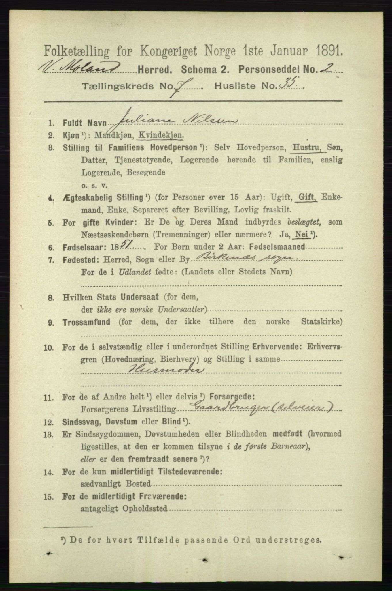 RA, 1891 census for 0926 Vestre Moland, 1891, p. 2957