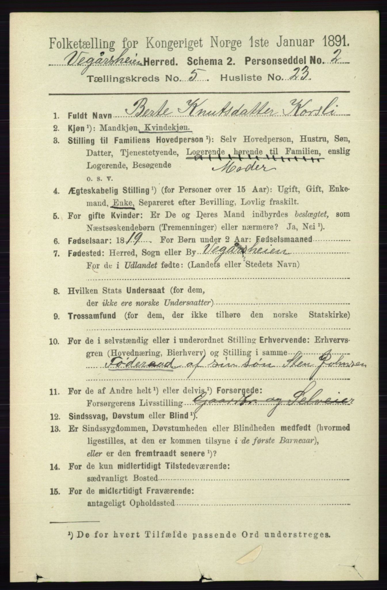 RA, 1891 census for 0912 Vegårshei, 1891, p. 1132