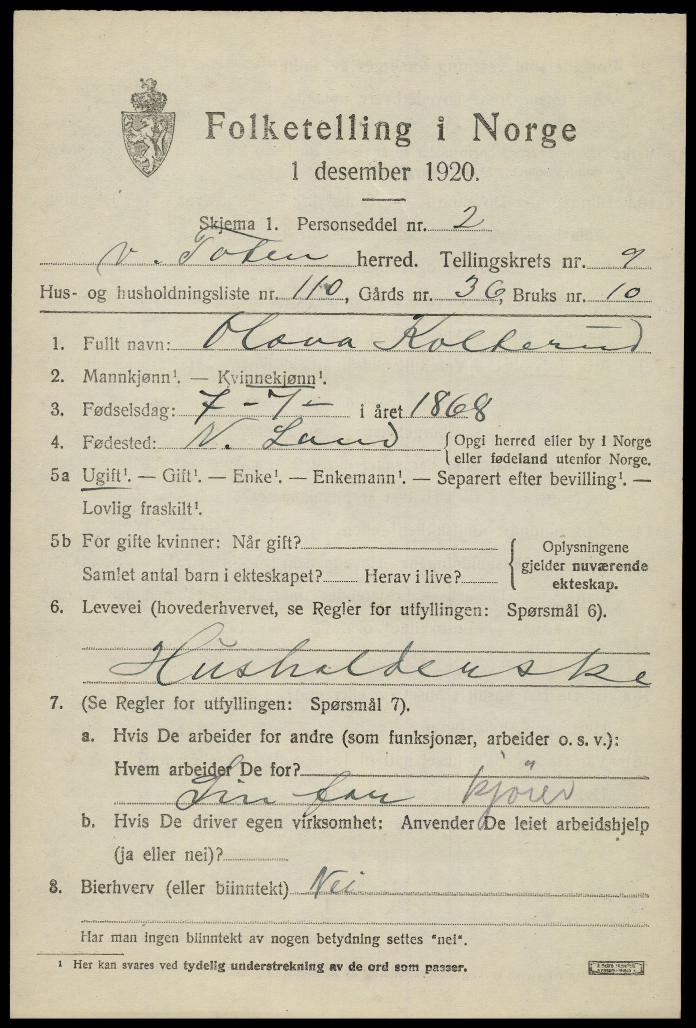 SAH, 1920 census for Vestre Toten, 1920, p. 12978