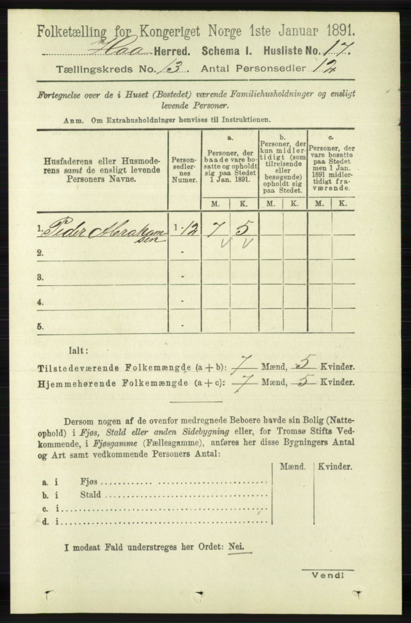 RA, 1891 census for 1119 Hå, 1891, p. 3141