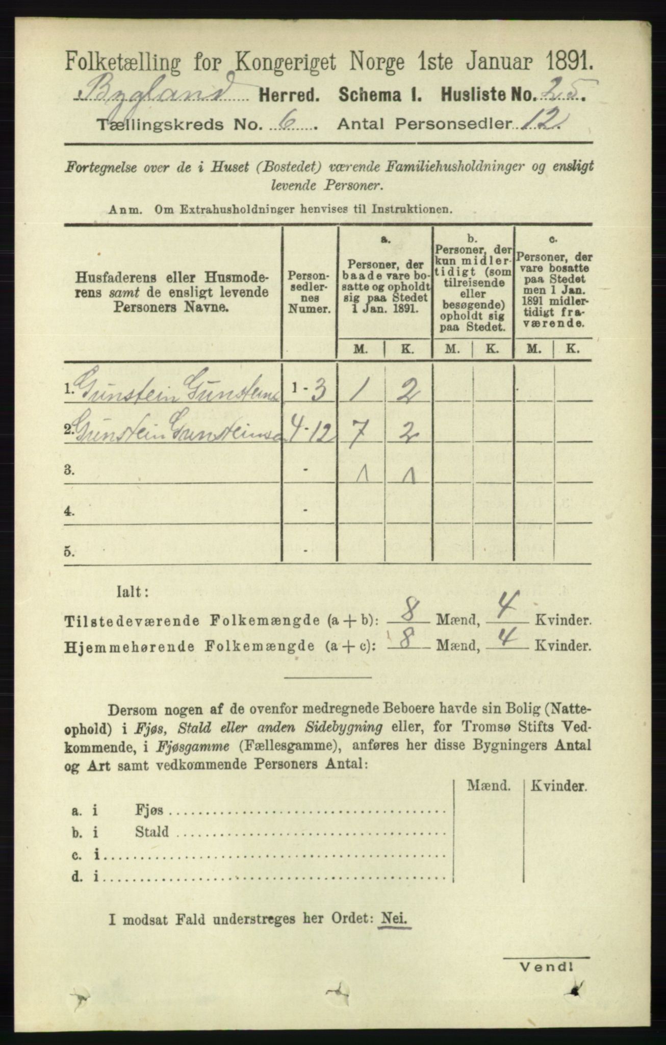 RA, 1891 census for 0938 Bygland, 1891, p. 1333