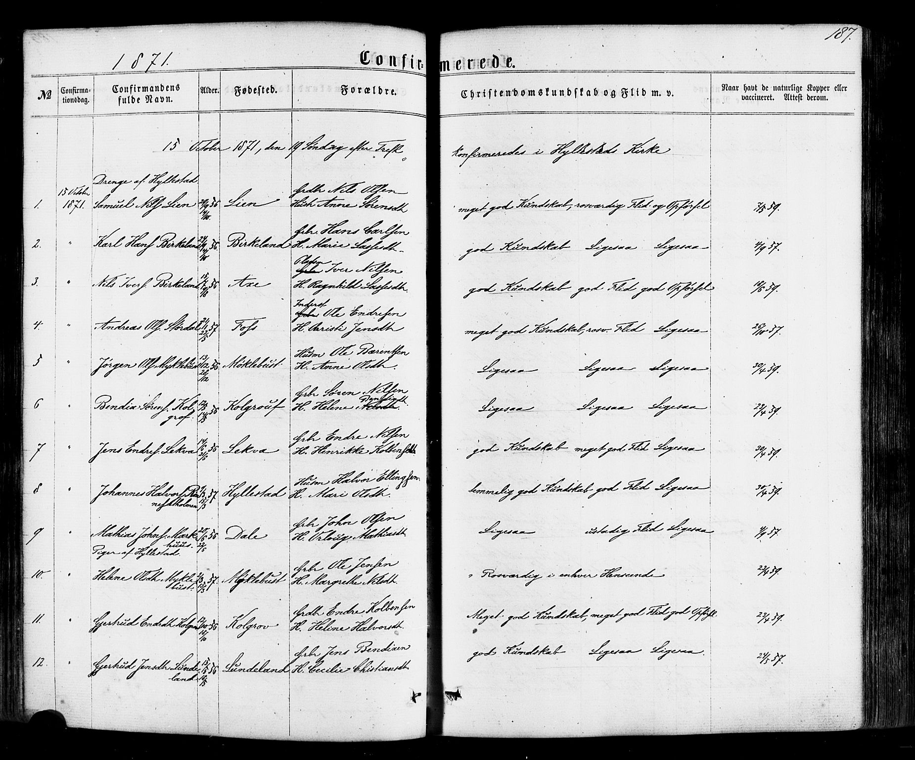 Hyllestad sokneprestembete, SAB/A-80401: Parish register (official) no. A 1, 1861-1886, p. 187