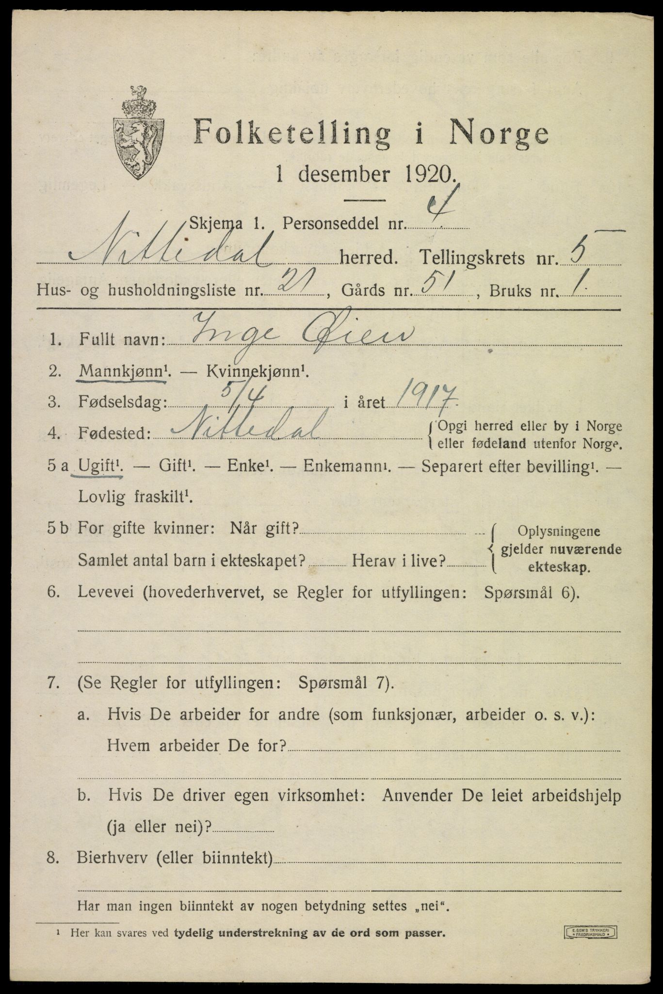 SAO, 1920 census for Nittedal, 1920, p. 6712