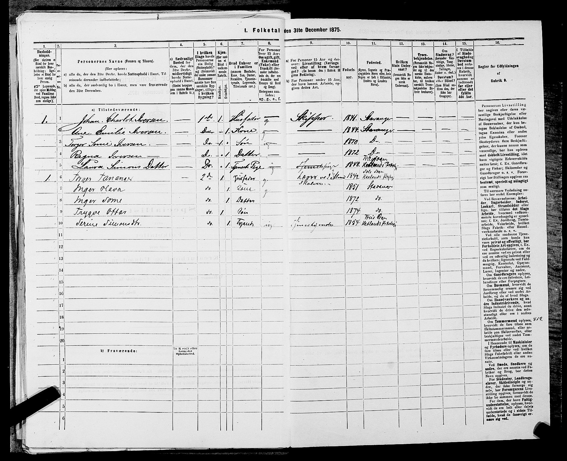 SAST, 1875 census for 1103 Stavanger, 1875, p. 3150