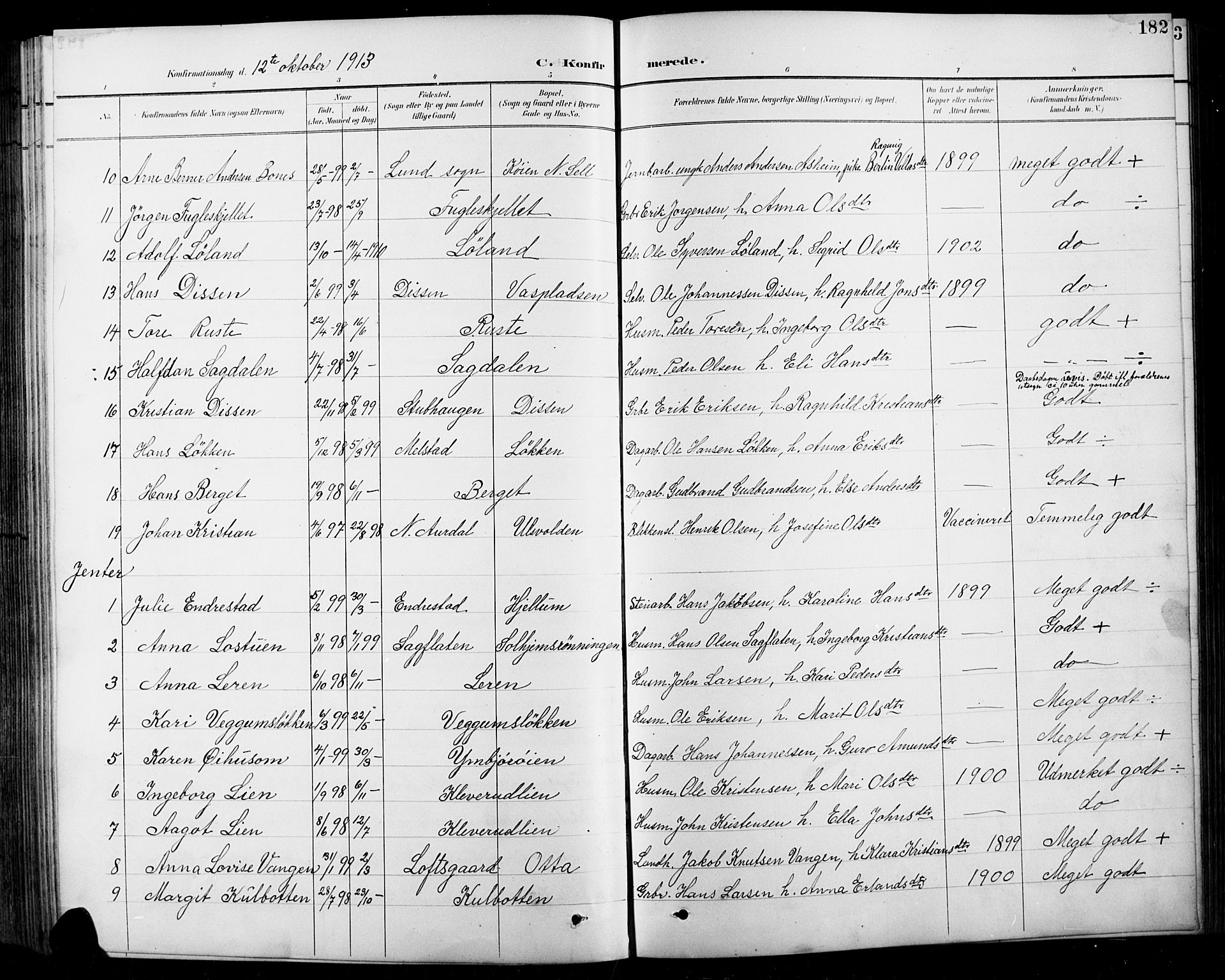 Sel prestekontor, SAH/PREST-074/H/Ha/Hab/L0001: Parish register (copy) no. 1, 1894-1923, p. 182