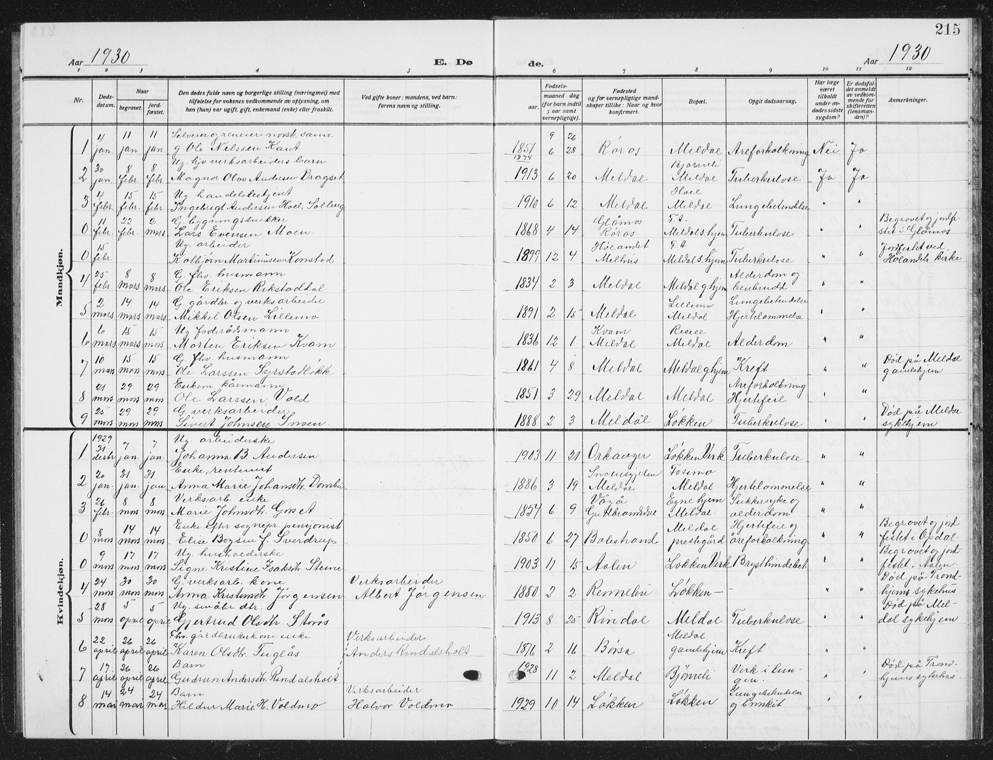 Ministerialprotokoller, klokkerbøker og fødselsregistre - Sør-Trøndelag, SAT/A-1456/672/L0866: Parish register (copy) no. 672C05, 1929-1939, p. 215
