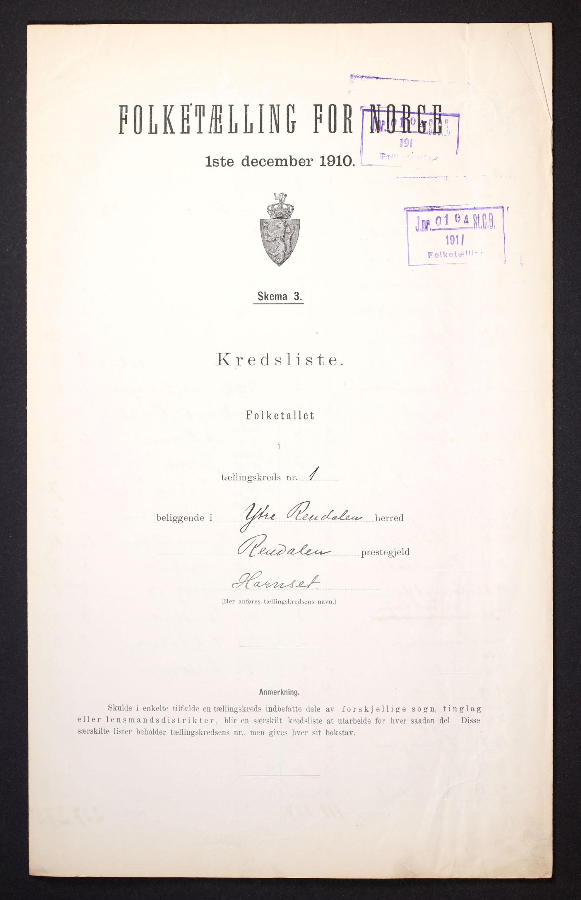 RA, 1910 census for Ytre Rendal, 1910, p. 4