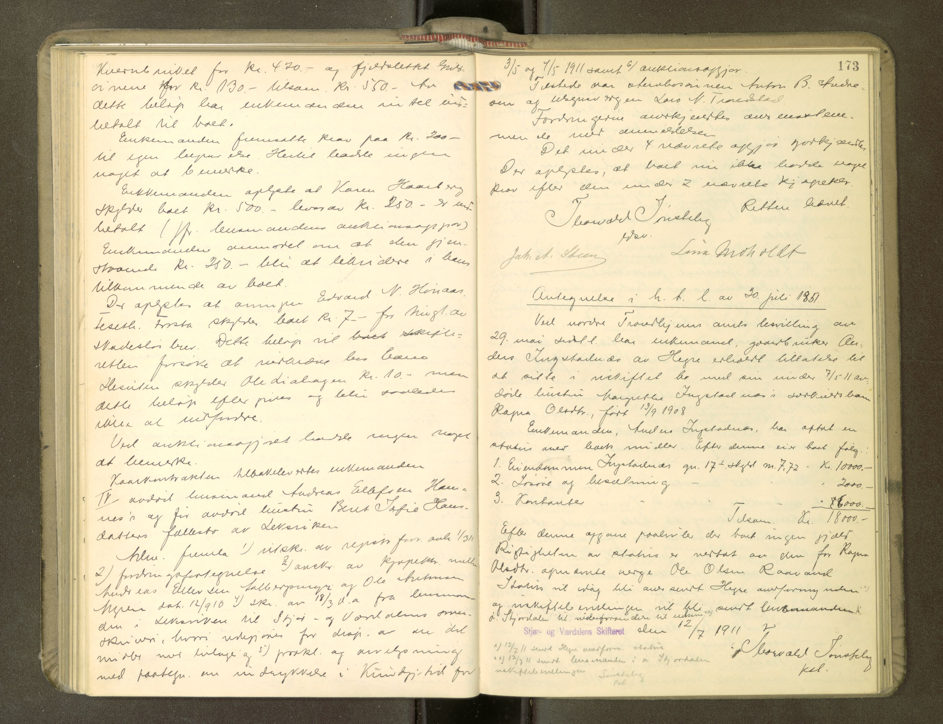 Stjør- og Verdal sorenskriveri, AV/SAT-A-4167/1/3/3B/L0011: Skifteforhandlingsprotokoll, 1909-1912, p. 173