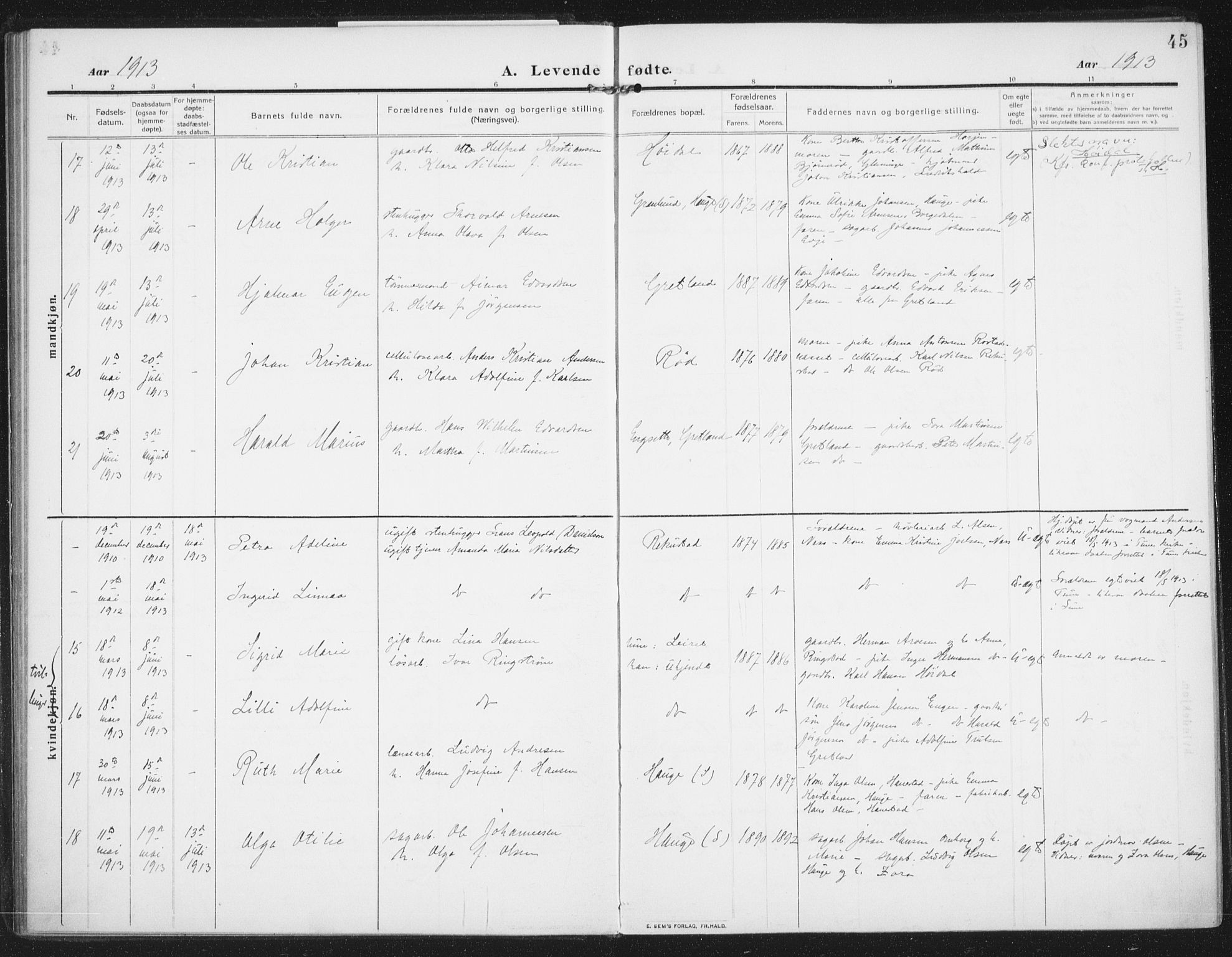 Rolvsøy prestekontor Kirkebøker, AV/SAO-A-2004/F/Fa/L0002: Parish register (official) no. 2, 1909-1917, p. 45