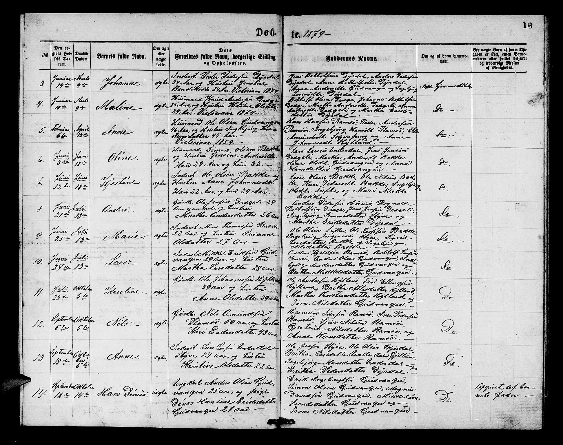 Aurland sokneprestembete, SAB/A-99937/H/Hb/Hbc/L0001: Parish register (copy) no. C 1, 1868-1883, p. 13