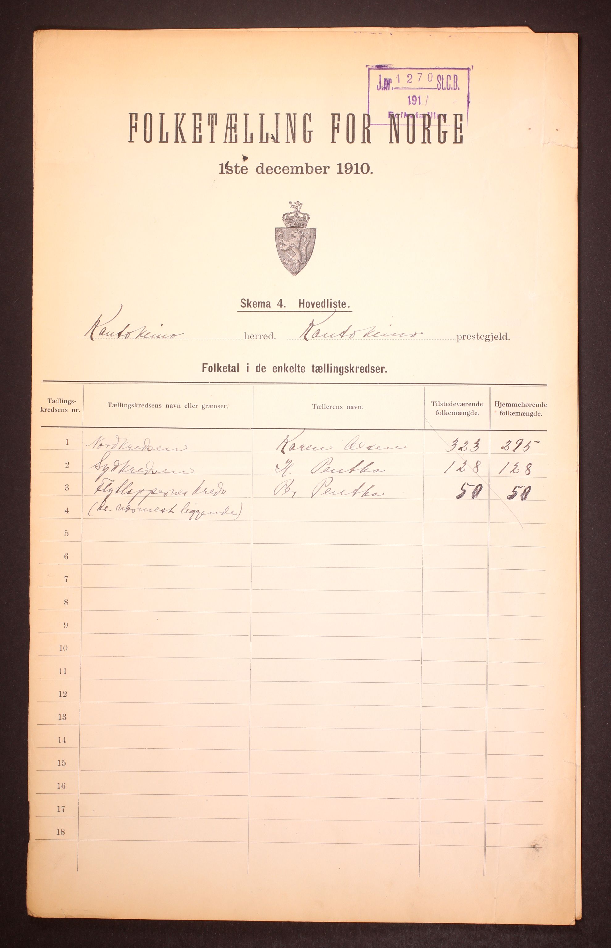 RA, 1910 census for Kautokeino, 1910, p. 3