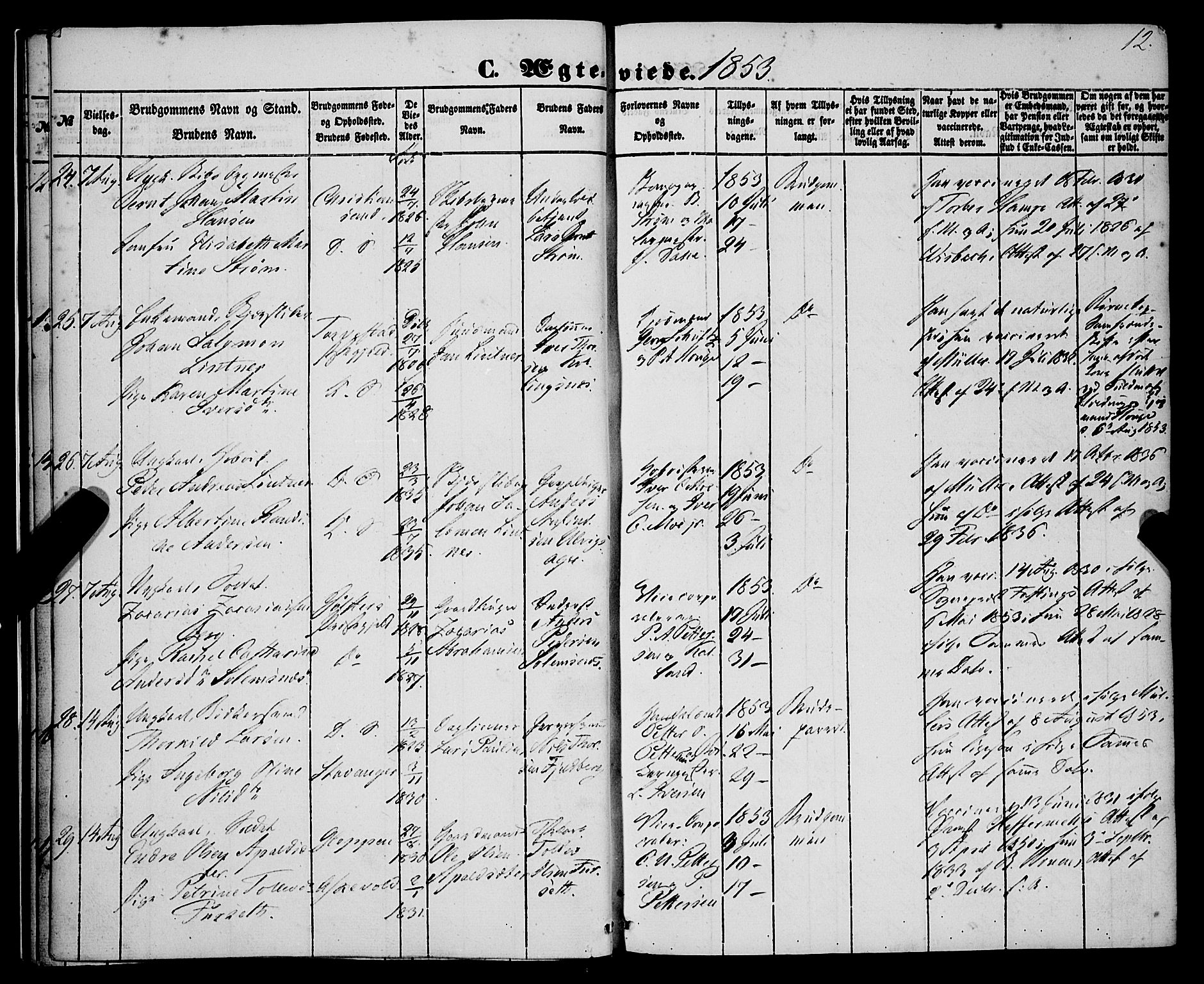 Korskirken sokneprestembete, AV/SAB-A-76101/H/Haa/L0035: Parish register (official) no. D 2, 1852-1867, p. 12