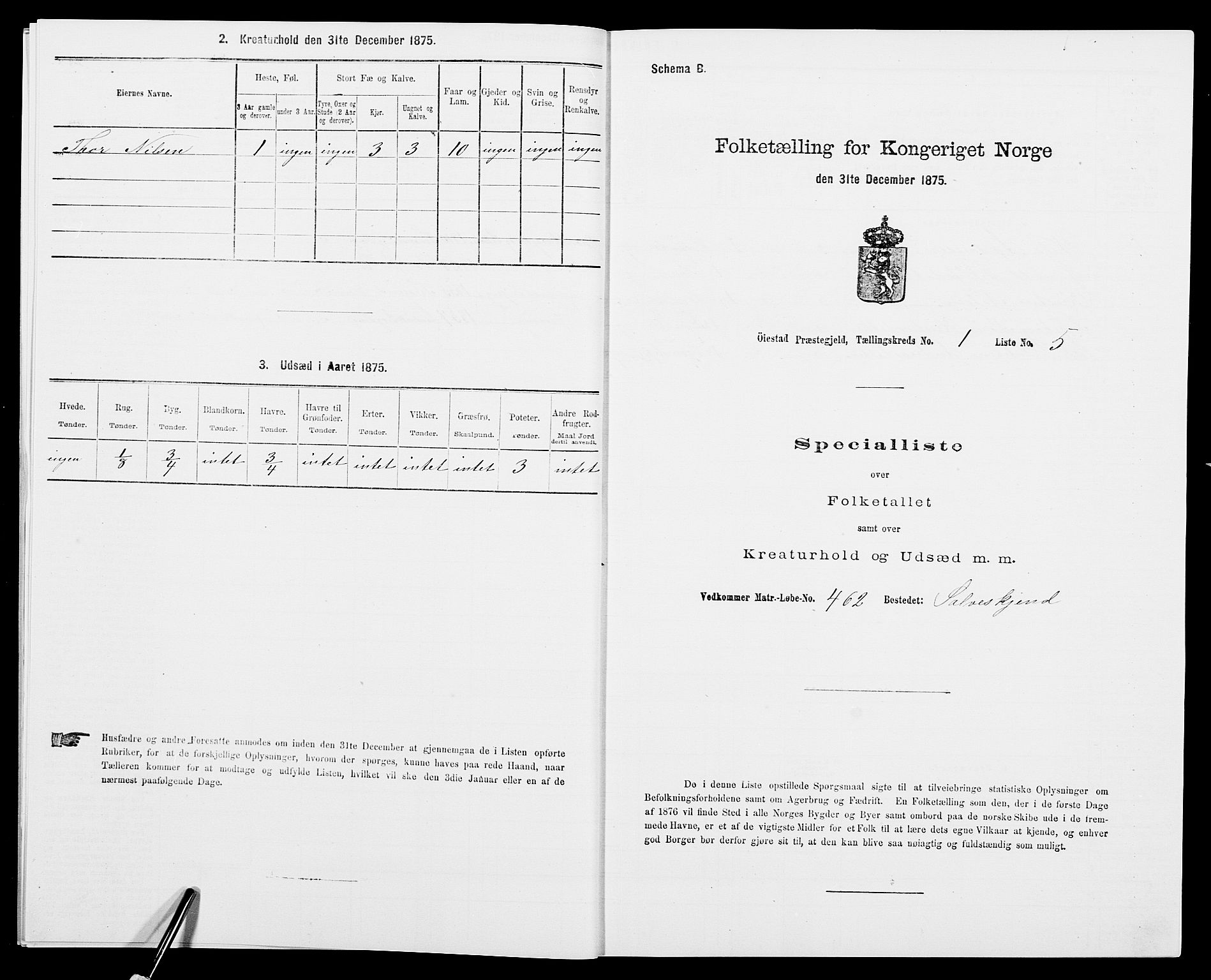 SAK, 1875 census for 0920P Øyestad, 1875, p. 66