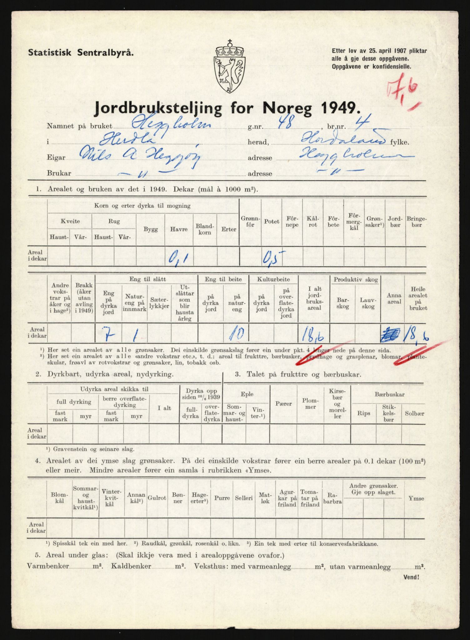 Statistisk sentralbyrå, Næringsøkonomiske emner, Jordbruk, skogbruk, jakt, fiske og fangst, AV/RA-S-2234/G/Gc/L0276: Hordaland: Herdla og Hjelme, 1949, p. 366