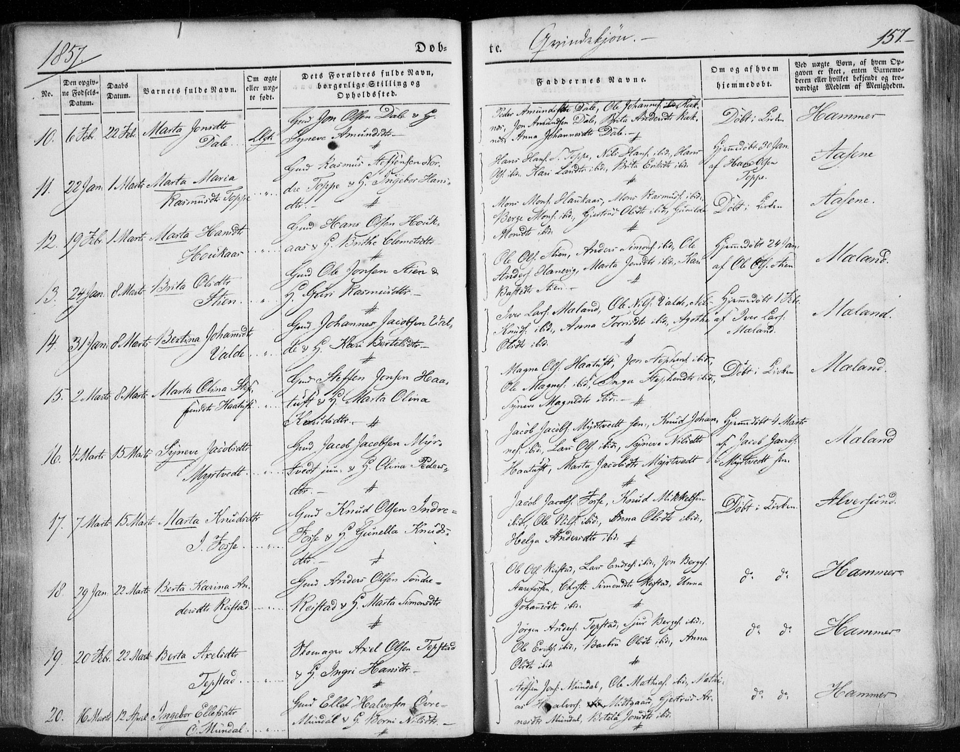 Hamre sokneprestembete, SAB/A-75501/H/Ha/Haa/Haaa/L0013: Parish register (official) no. A 13, 1846-1857, p. 157