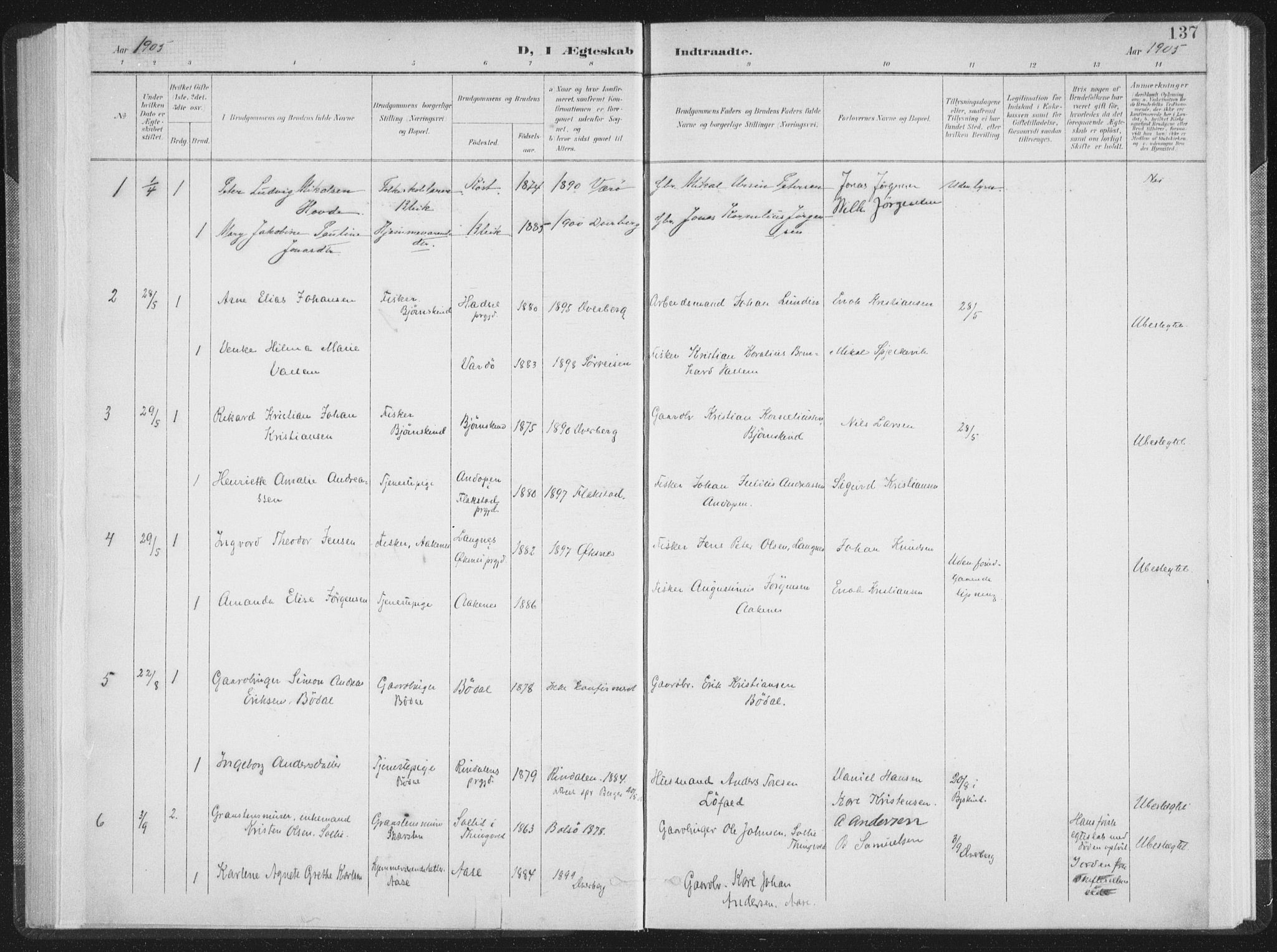 Ministerialprotokoller, klokkerbøker og fødselsregistre - Nordland, SAT/A-1459/897/L1400: Parish register (official) no. 897A07, 1897-1908, p. 137