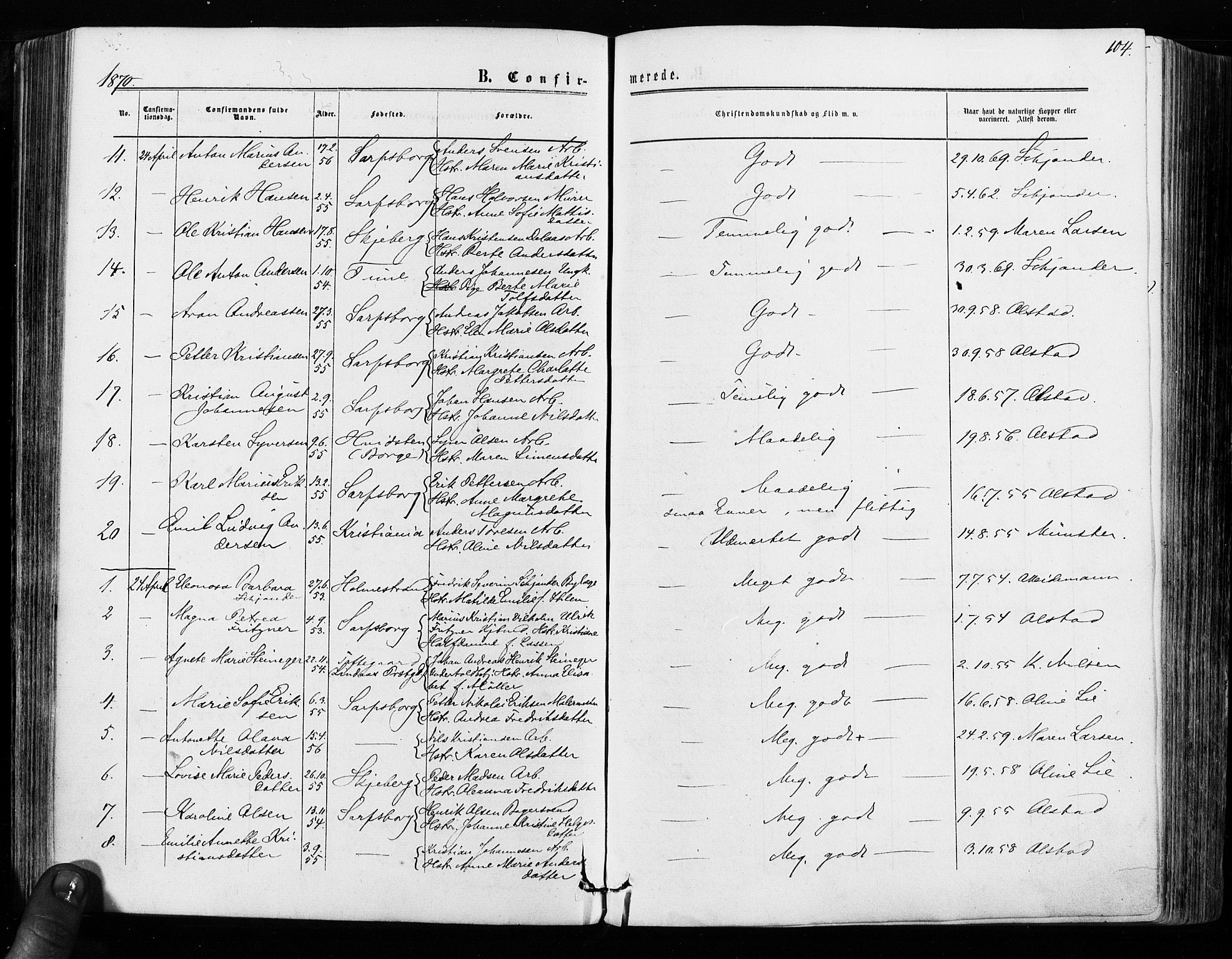 Sarpsborg prestekontor Kirkebøker, AV/SAO-A-2006/F/Fa/L0002: Parish register (official) no. 2, 1869-1877, p. 104