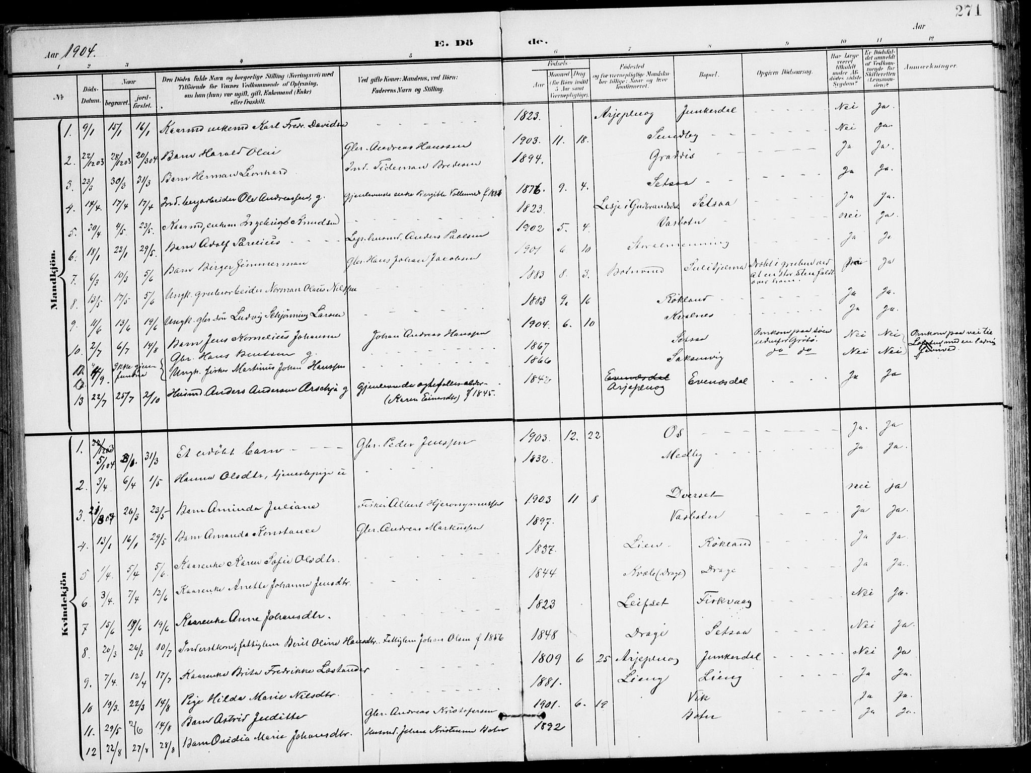 Ministerialprotokoller, klokkerbøker og fødselsregistre - Nordland, AV/SAT-A-1459/847/L0672: Parish register (official) no. 847A12, 1902-1919, p. 271