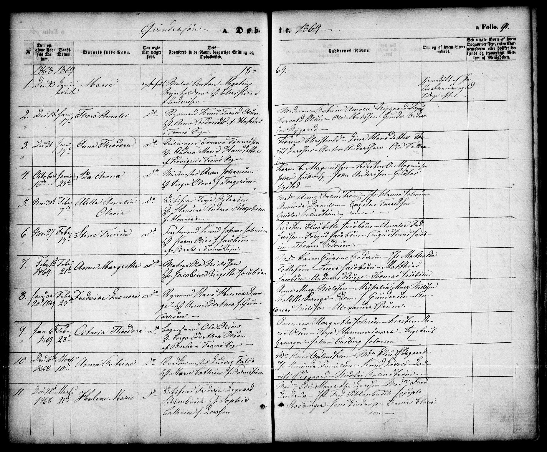 Arendal sokneprestkontor, Trefoldighet, SAK/1111-0040/F/Fa/L0007: Parish register (official) no. A 7, 1868-1878, p. 91