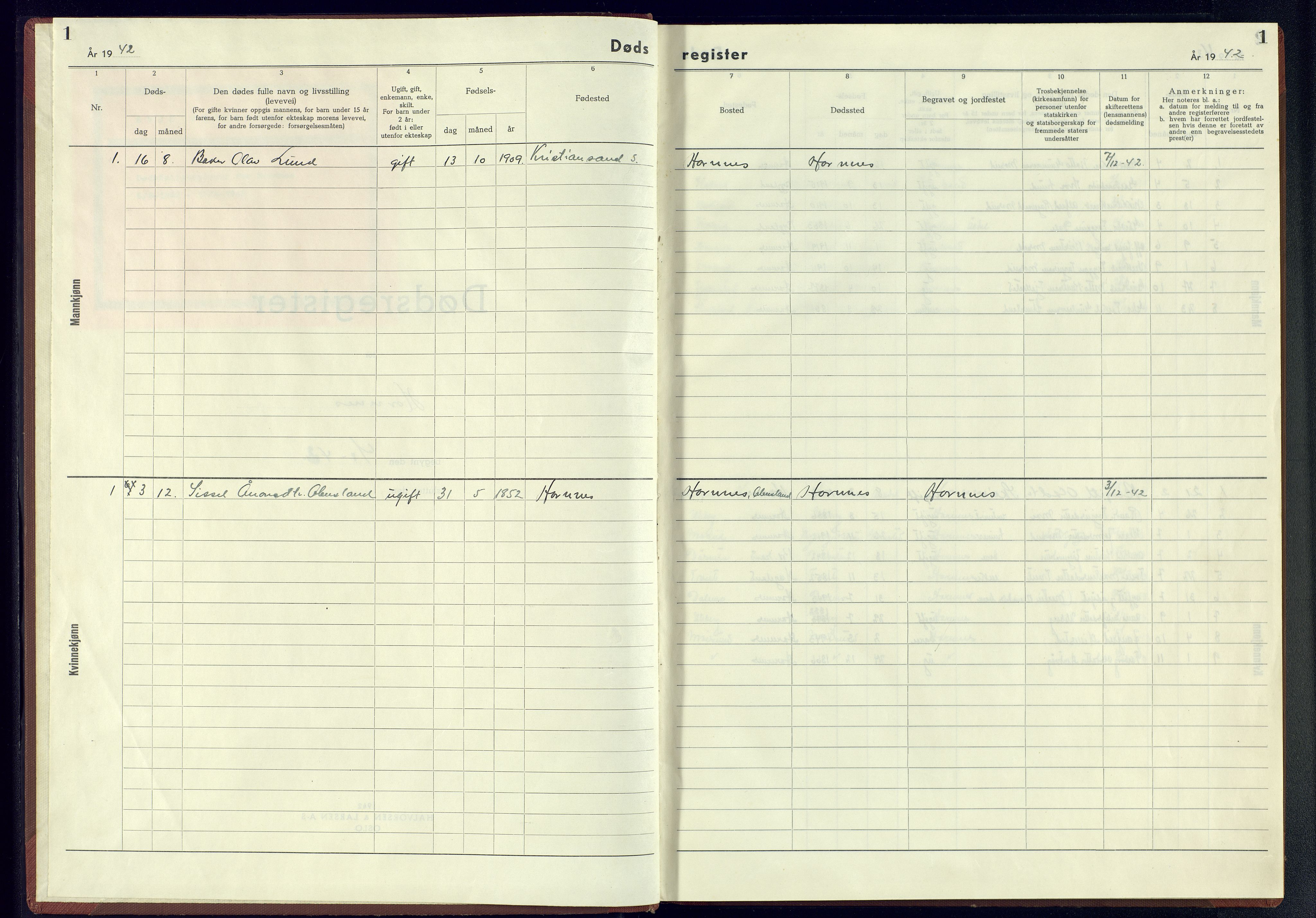 Evje sokneprestkontor, SAK/1111-0008/J/Je/L0008: II.6.8 - Dødsfallsregister Hornnes, 1942-1945, p. 1