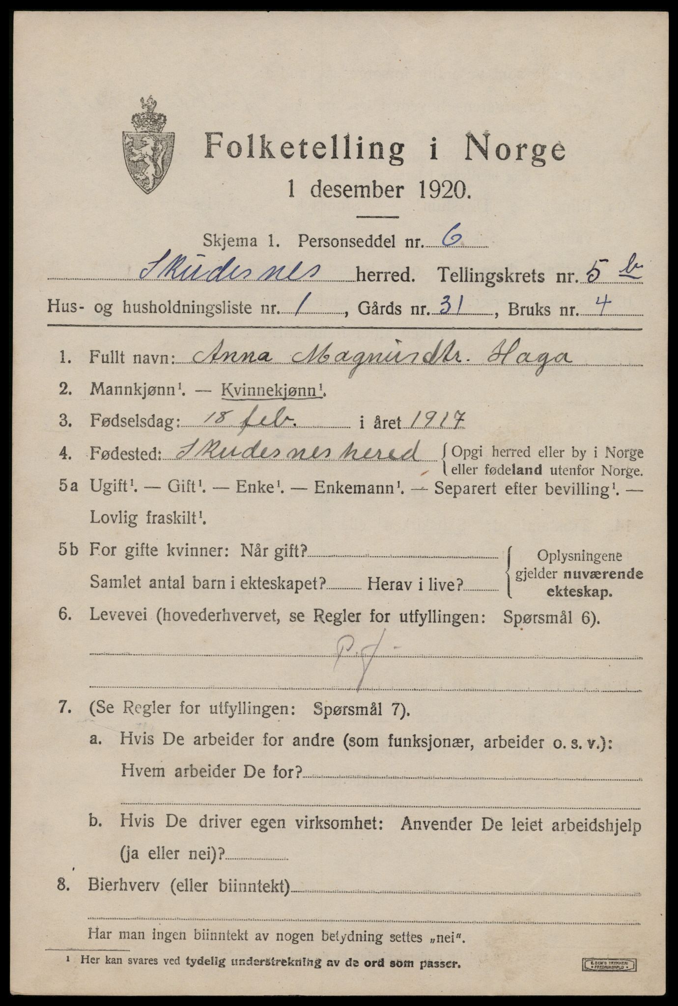 SAST, 1920 census for Skudenes, 1920, p. 4478