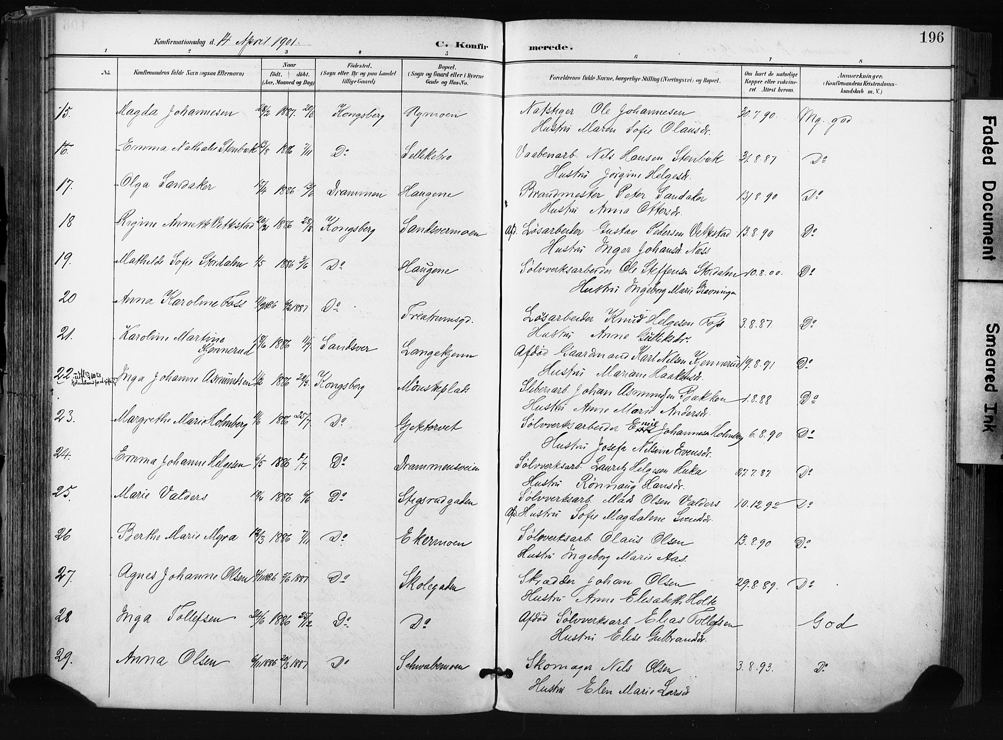 Kongsberg kirkebøker, AV/SAKO-A-22/F/Fb/L0003: Parish register (official) no. II 3, 1896-1905, p. 196