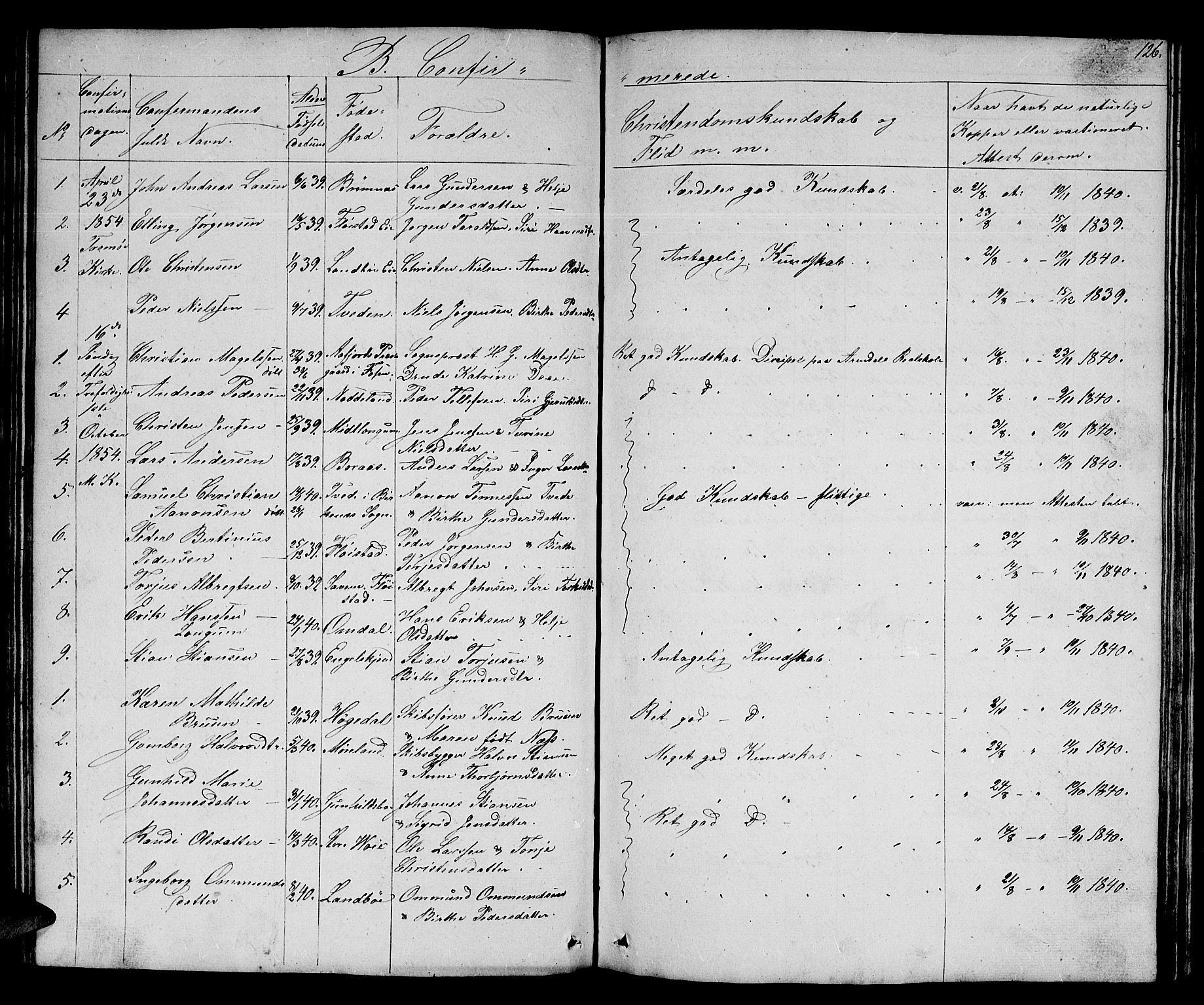 Austre Moland sokneprestkontor, SAK/1111-0001/F/Fb/Fba/L0001: Parish register (copy) no. B 1, 1842-1868, p. 126
