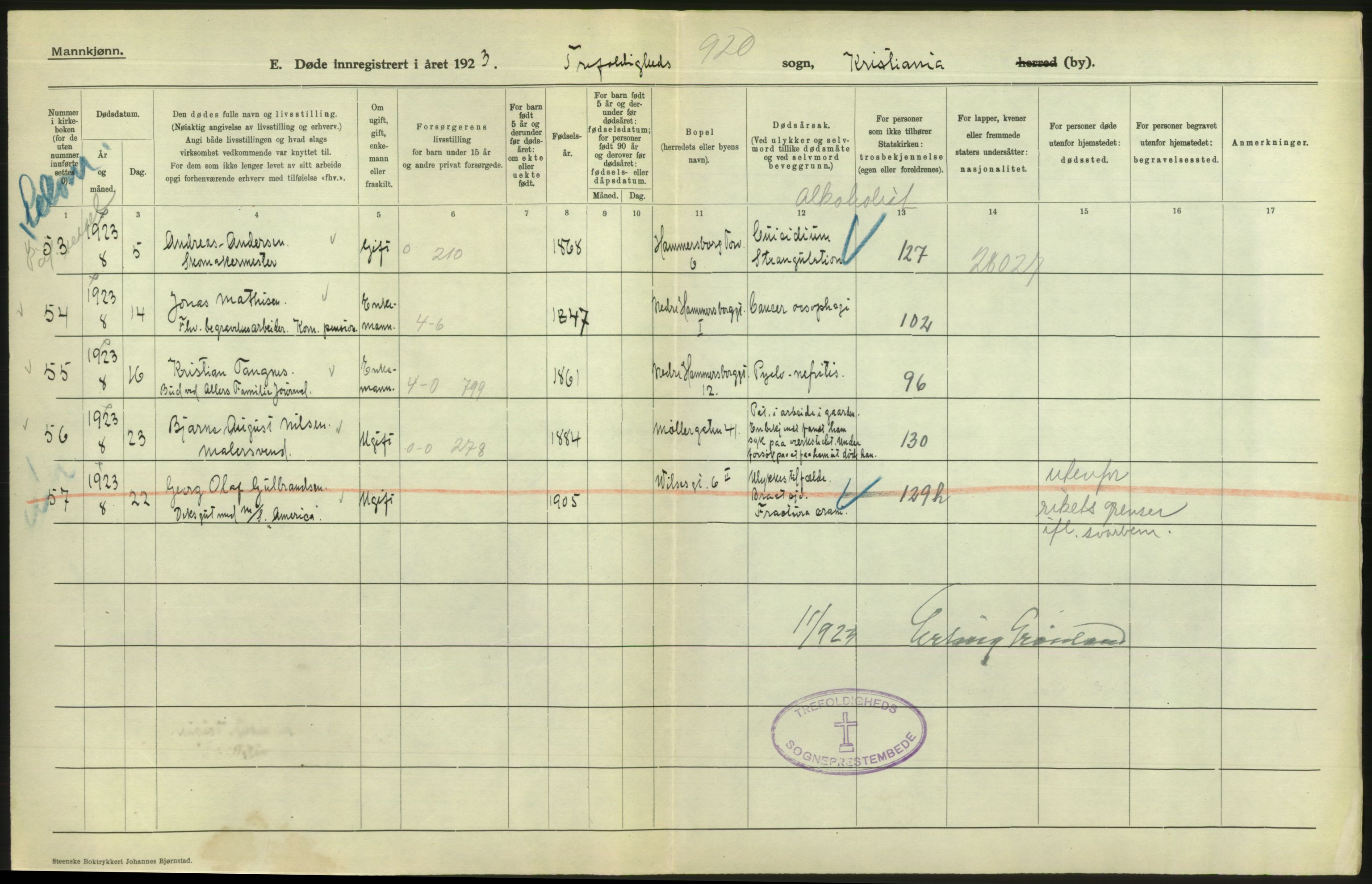 Statistisk sentralbyrå, Sosiodemografiske emner, Befolkning, AV/RA-S-2228/D/Df/Dfc/Dfcc/L0009: Kristiania: Døde, 1923, p. 196