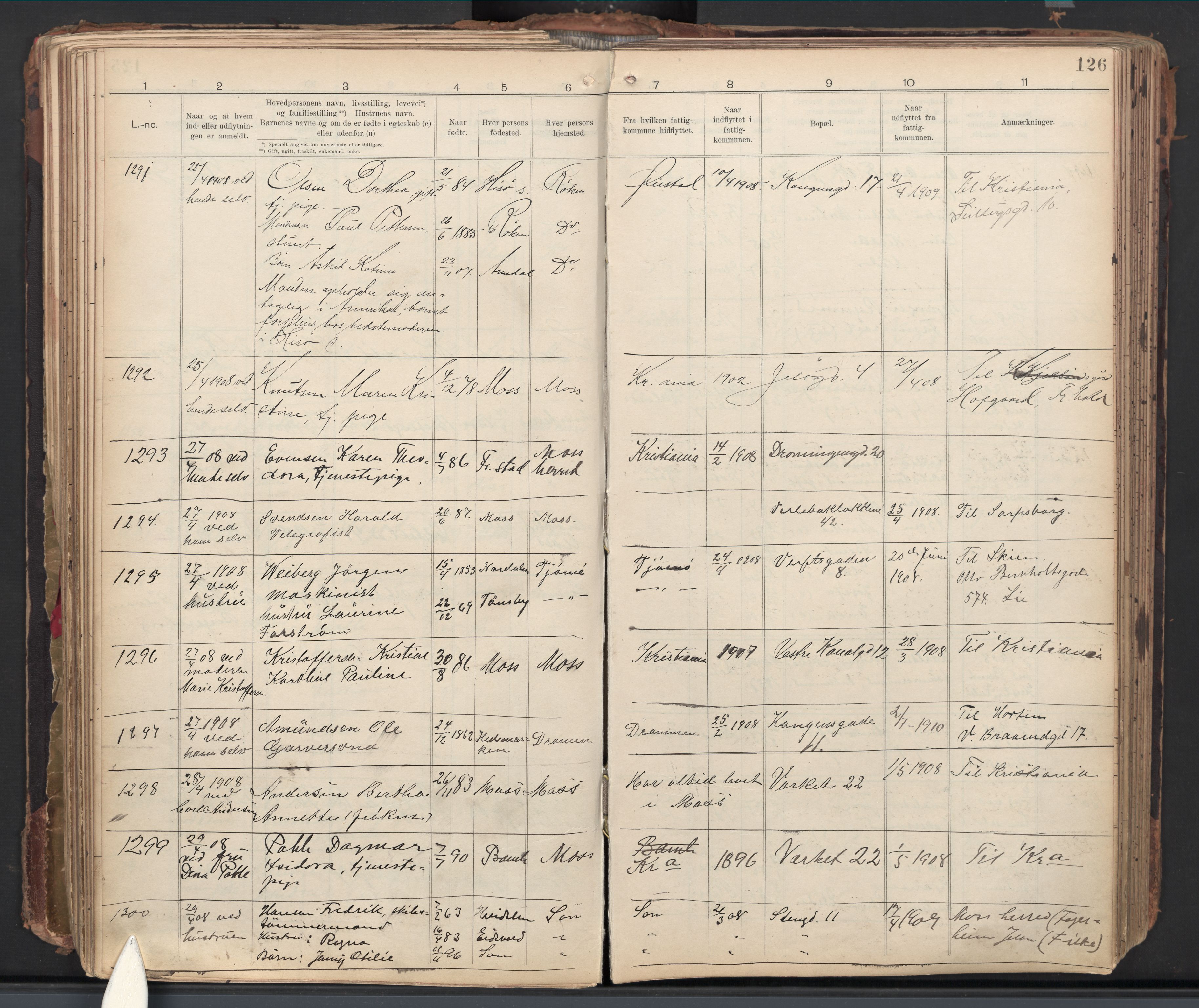 Moss folkeregister, AV/SAO-A-10020/J/L0002: Inn- og utflyttede i Moss fattigkommune, 1905-1913, p. 126