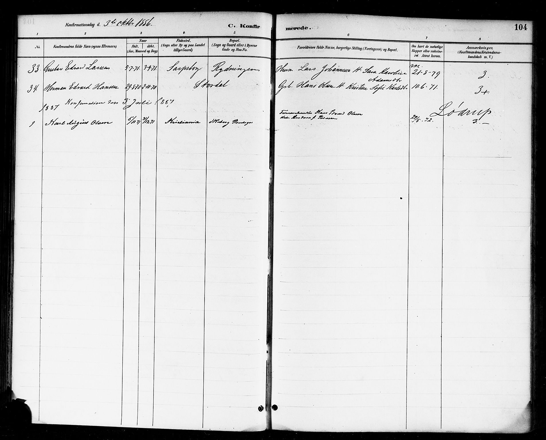 Skjeberg prestekontor Kirkebøker, AV/SAO-A-10923/F/Fa/L0009: Parish register (official) no. I 9, 1886-1897, p. 104