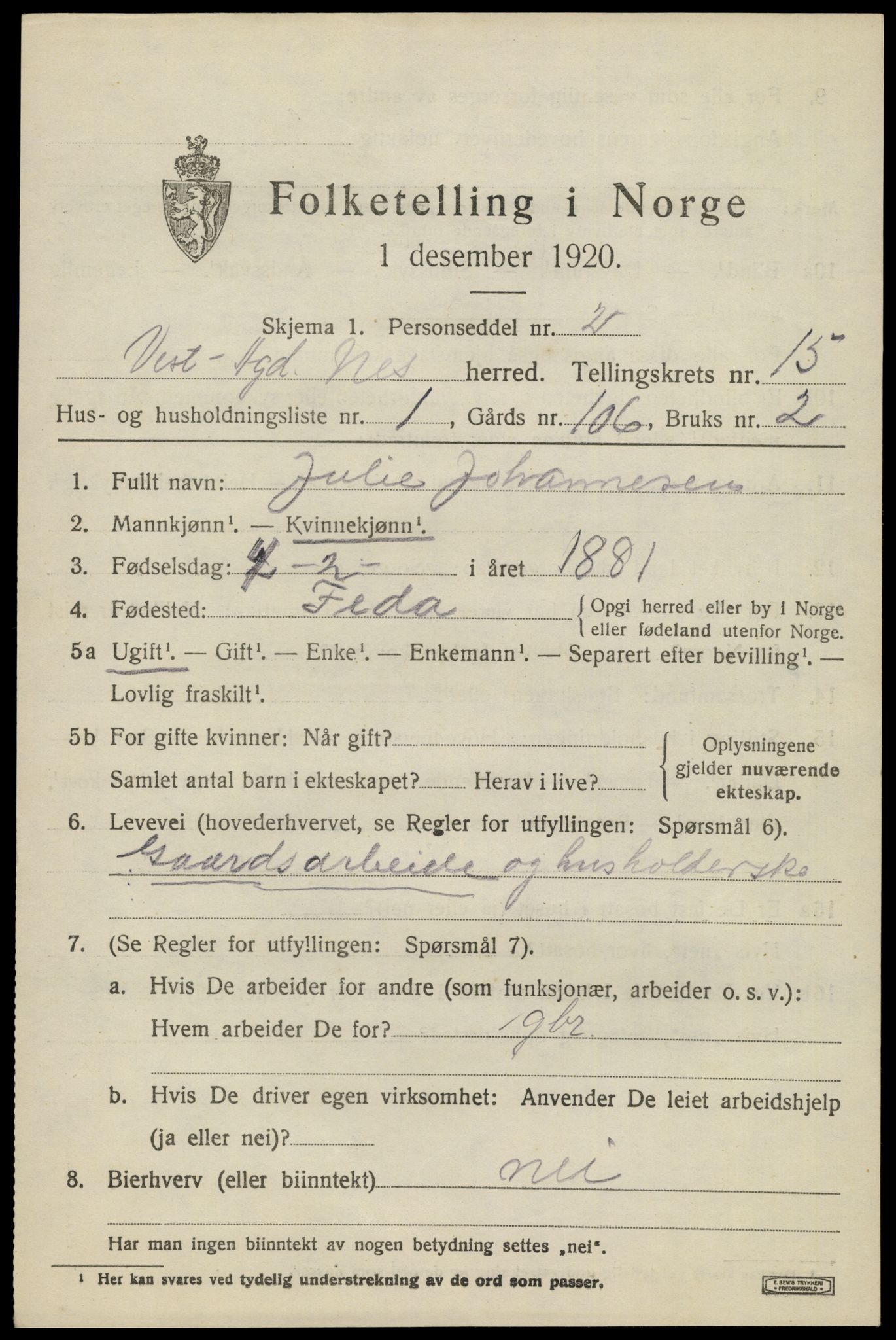 SAK, 1920 census for Nes (V-A), 1920, p. 5600