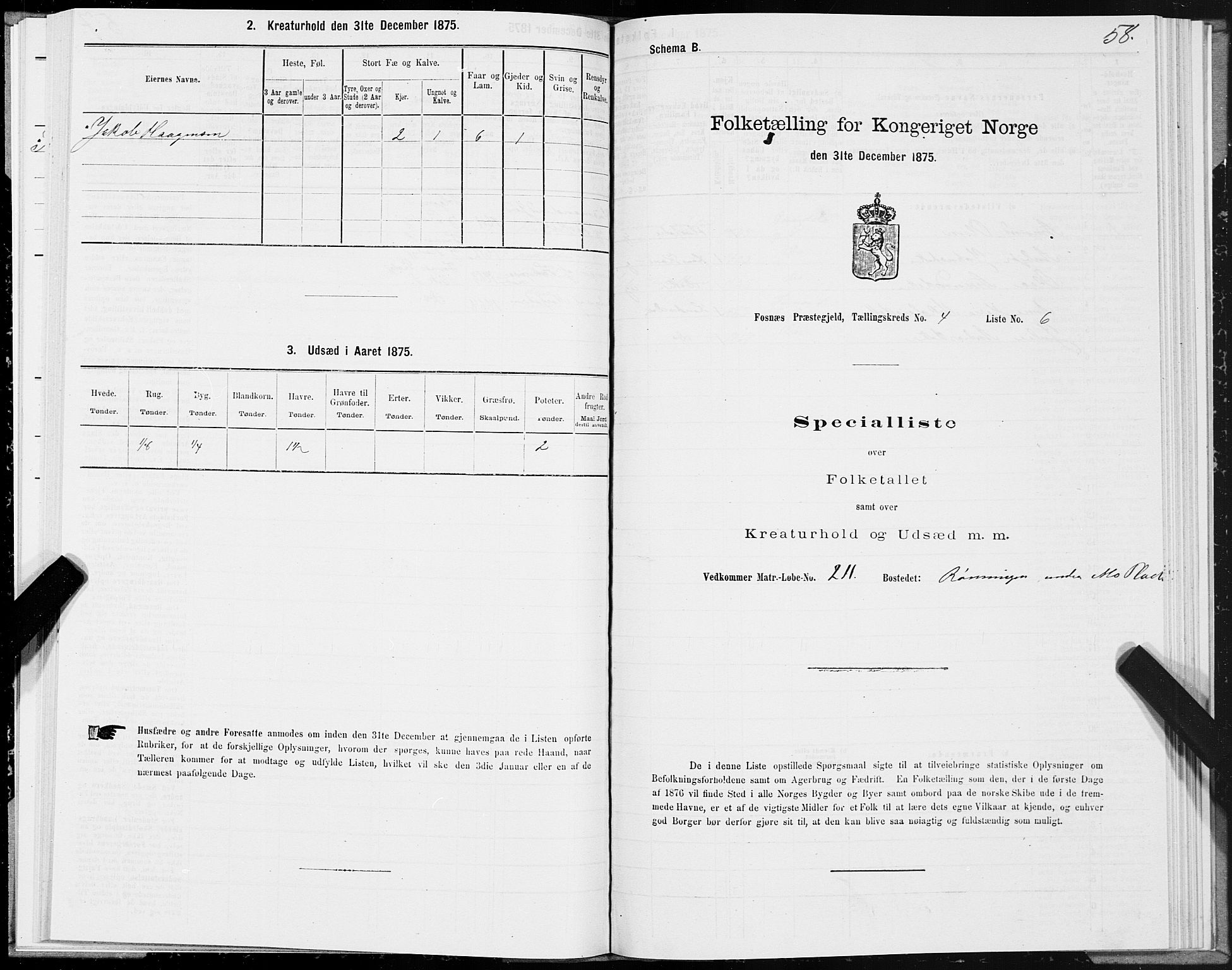 SAT, 1875 census for 1748P Fosnes, 1875, p. 2058