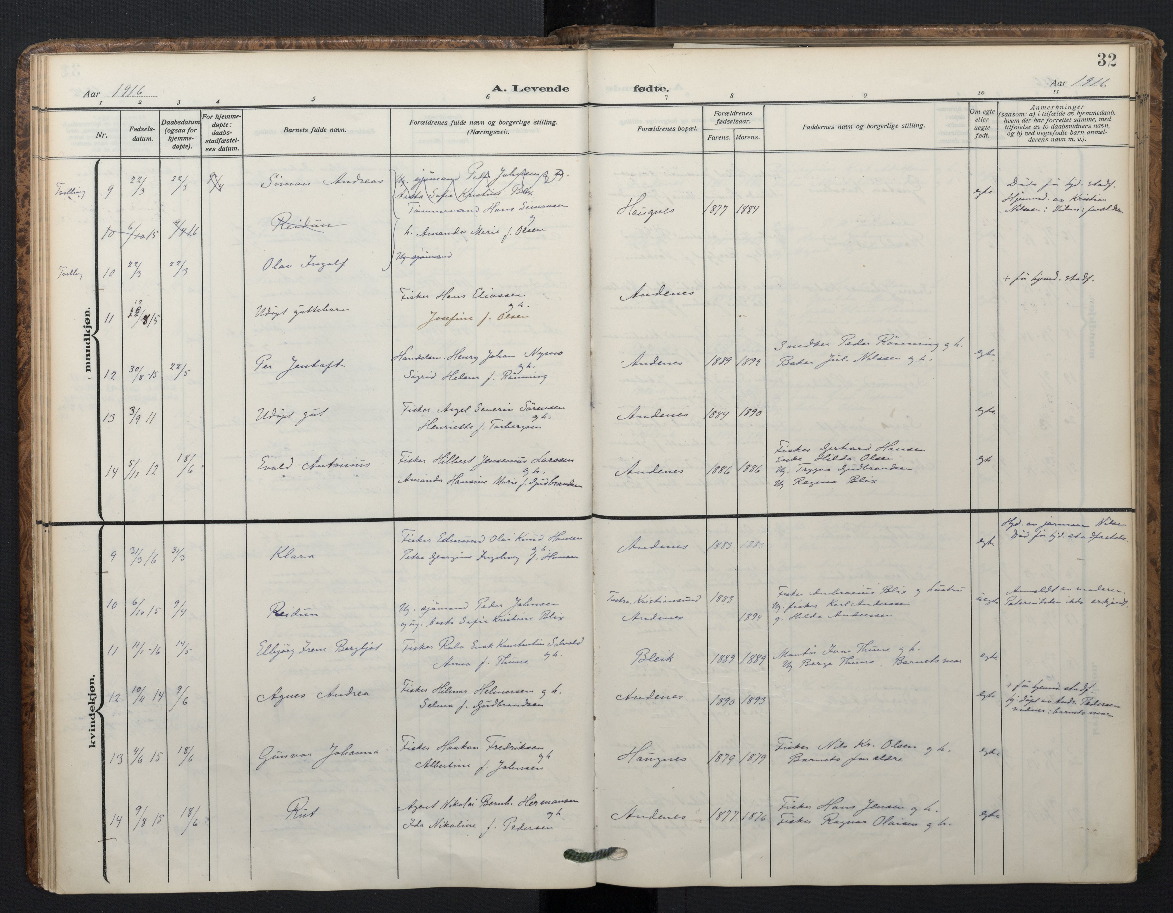 Ministerialprotokoller, klokkerbøker og fødselsregistre - Nordland, AV/SAT-A-1459/899/L1438: Parish register (official) no. 899A06, 1909-1922, p. 32